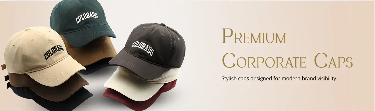 Premium custom printed caps with logo for corporate gifting, employee uniforms, promotional events, exhibitions, and business branding.