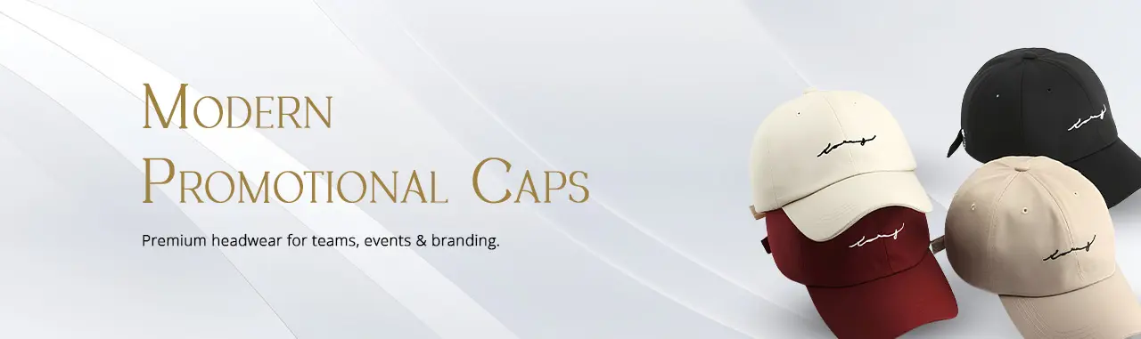Modern promotional caps with custom logo for corporate branding, business promotions, events, campaigns and promotional gifting in India.