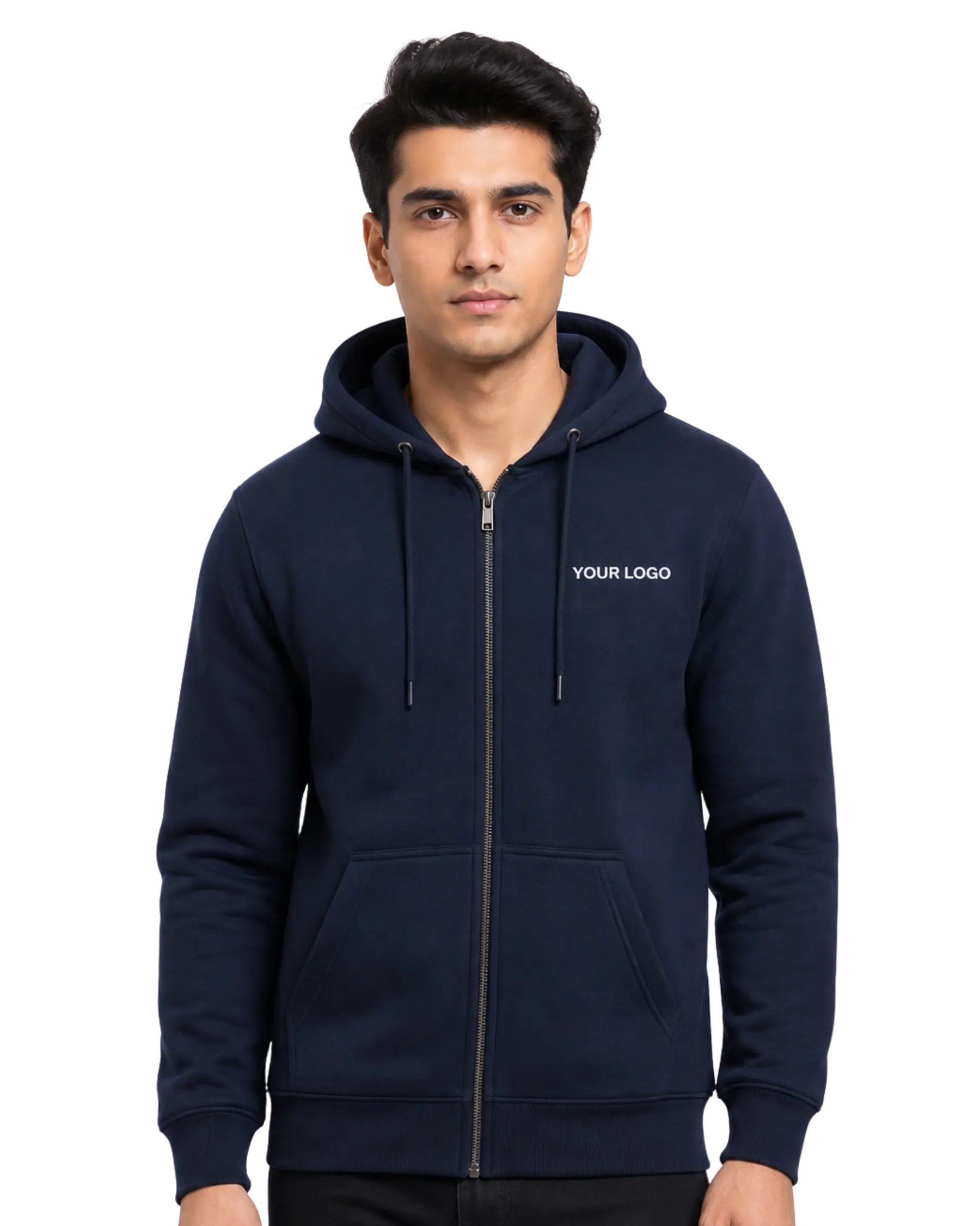 Navy blue printed zipper hoodie men