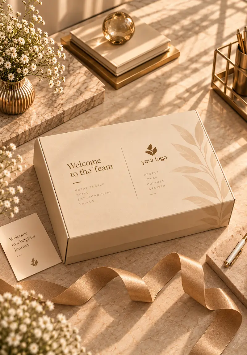 Closed beige corporate welcome kit for new employees featuring elegant packaging, company logo branding and a premium employee onboarding gift presentation.