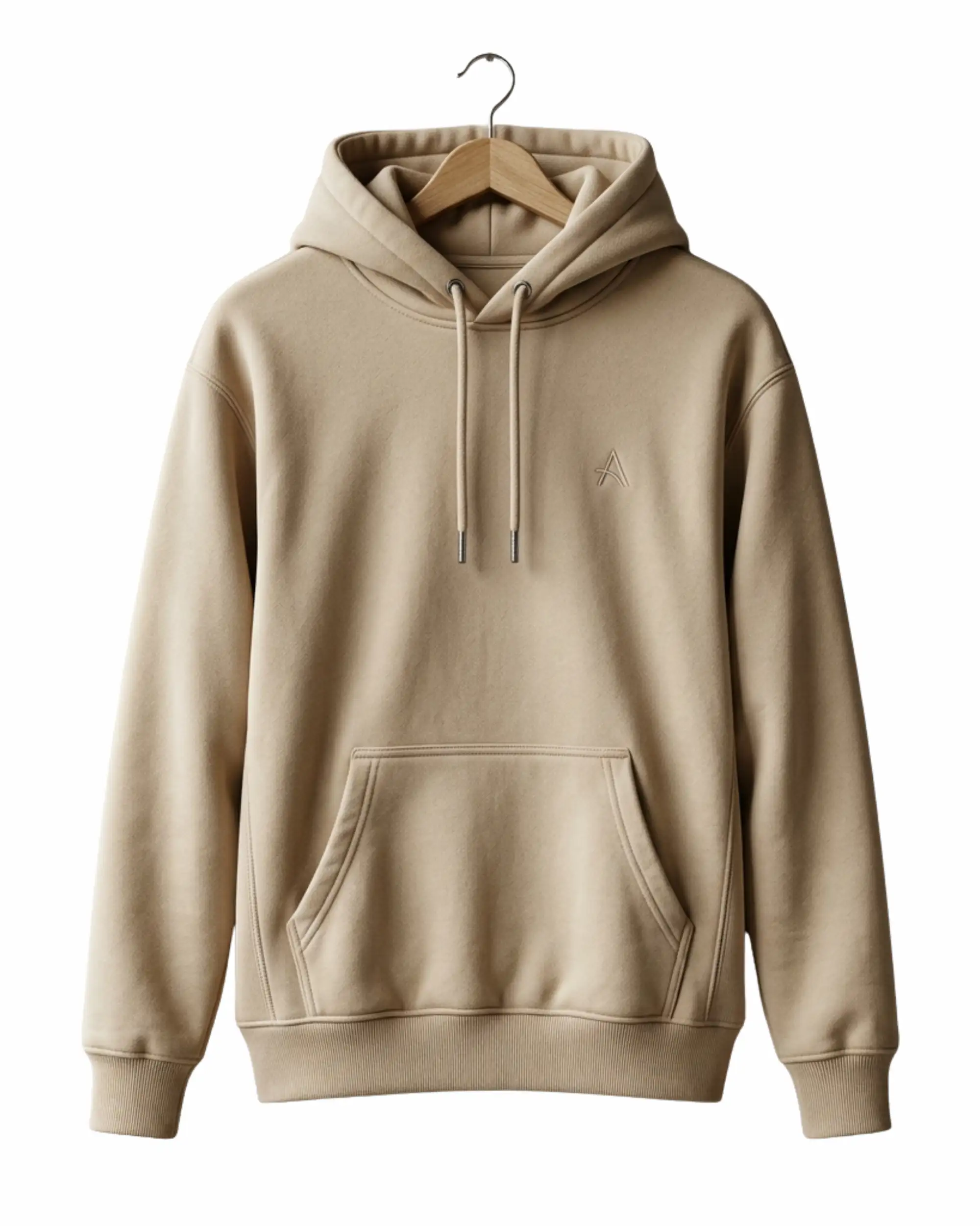 Beige cotton fleece hoodie with custom logo on chest