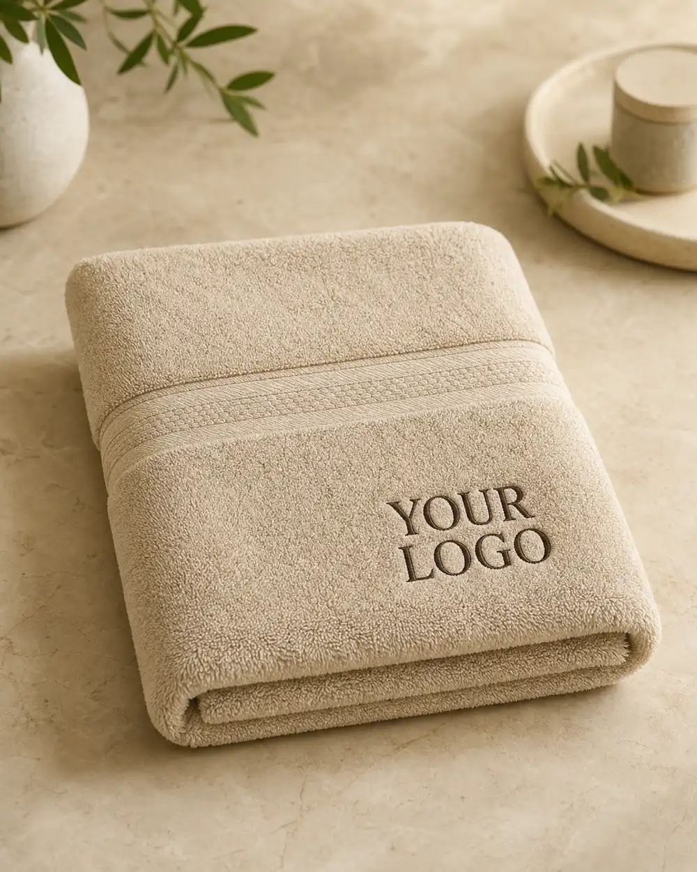 Beige embroidered promotional bath towel with custom logo, suitable for hotels, corporate gifting and wholesale orders.