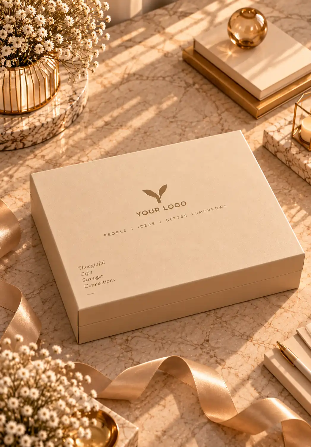 Closed beige employee onboarding kit gift box with custom logo branding and premium packaging for corporate welcome gifting.