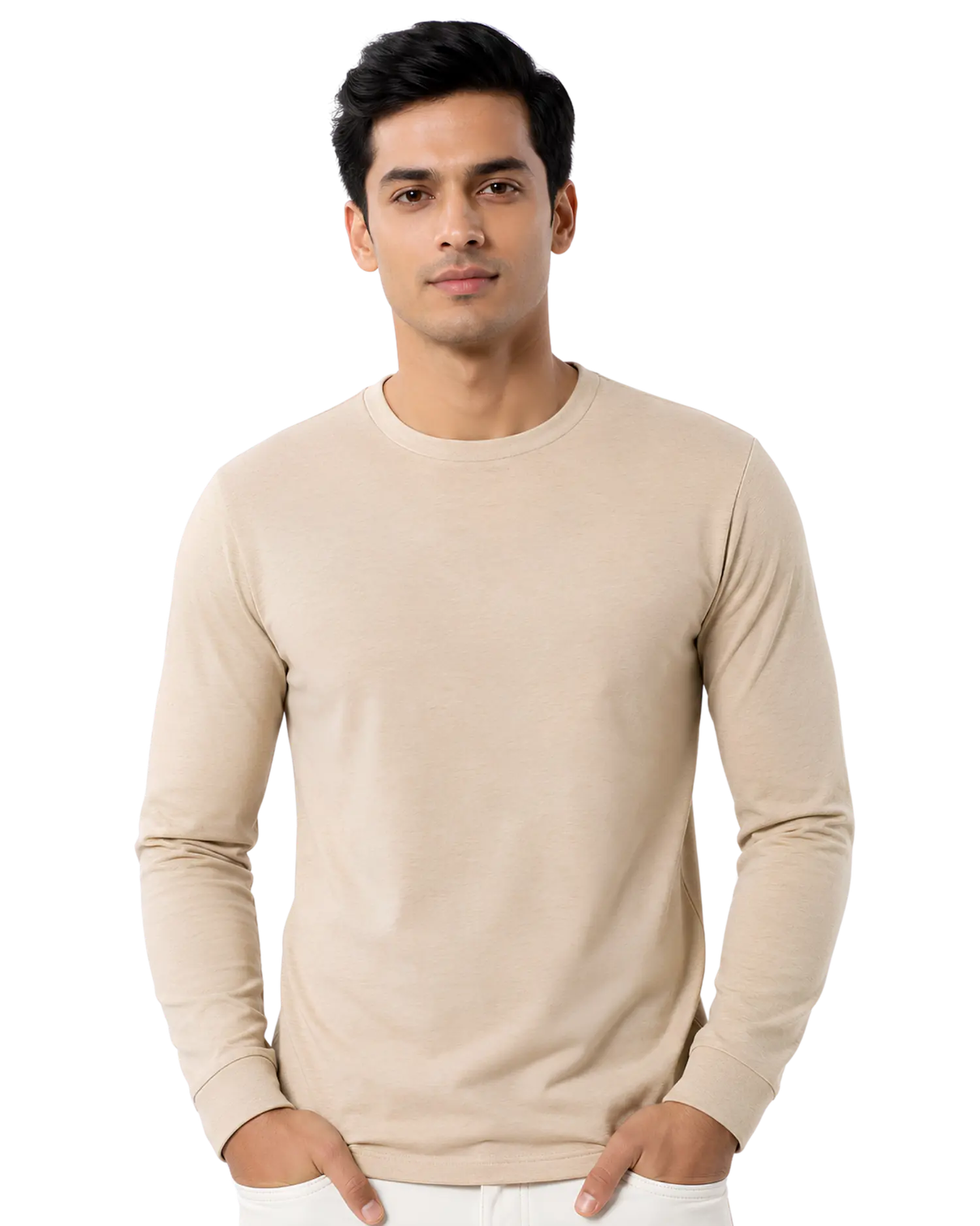 Beige round neck full sleeve cotton t shirt for men for custom branding