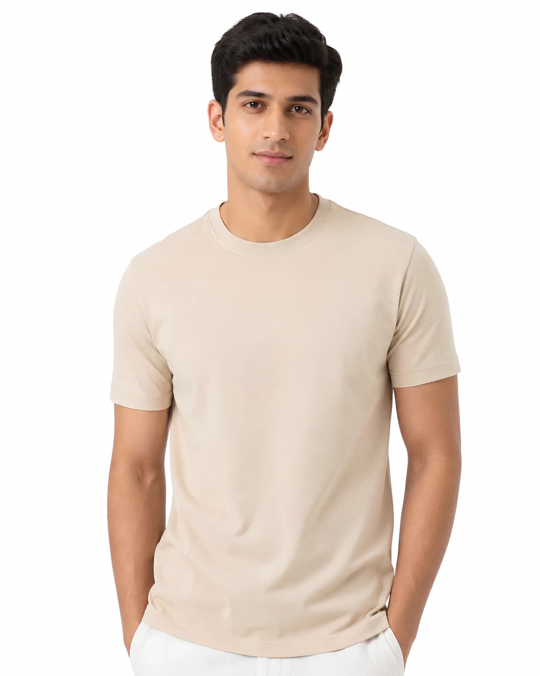 beige plain cotton round neck t shirt for men