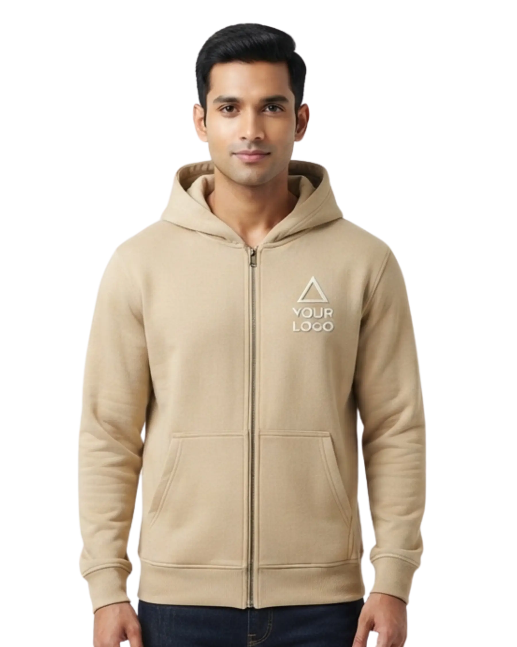 beige hoodie zip front custom logo