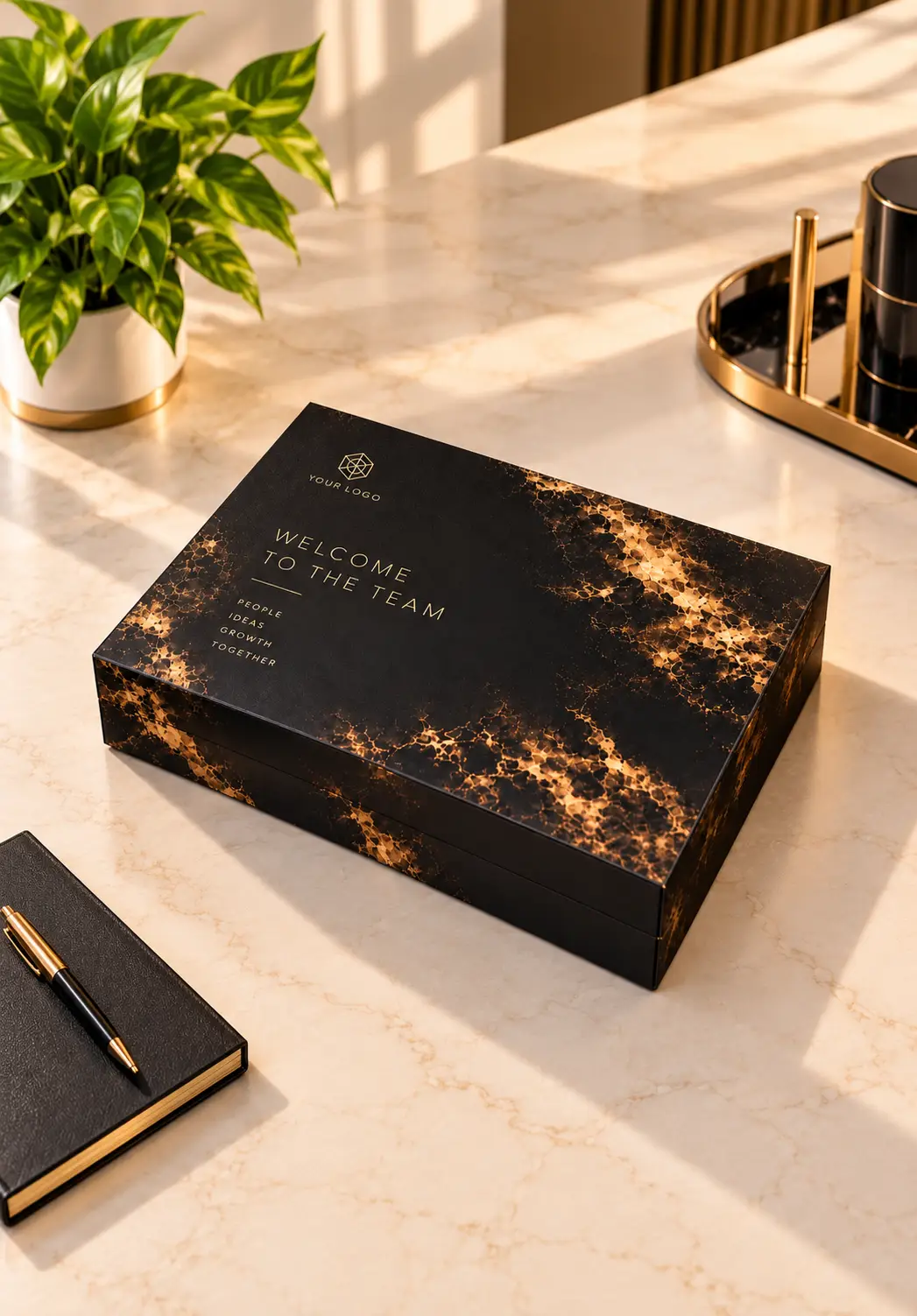 Premium black corporate welcome kit in a black and gold gift box for new employee onboarding and corporate gifting