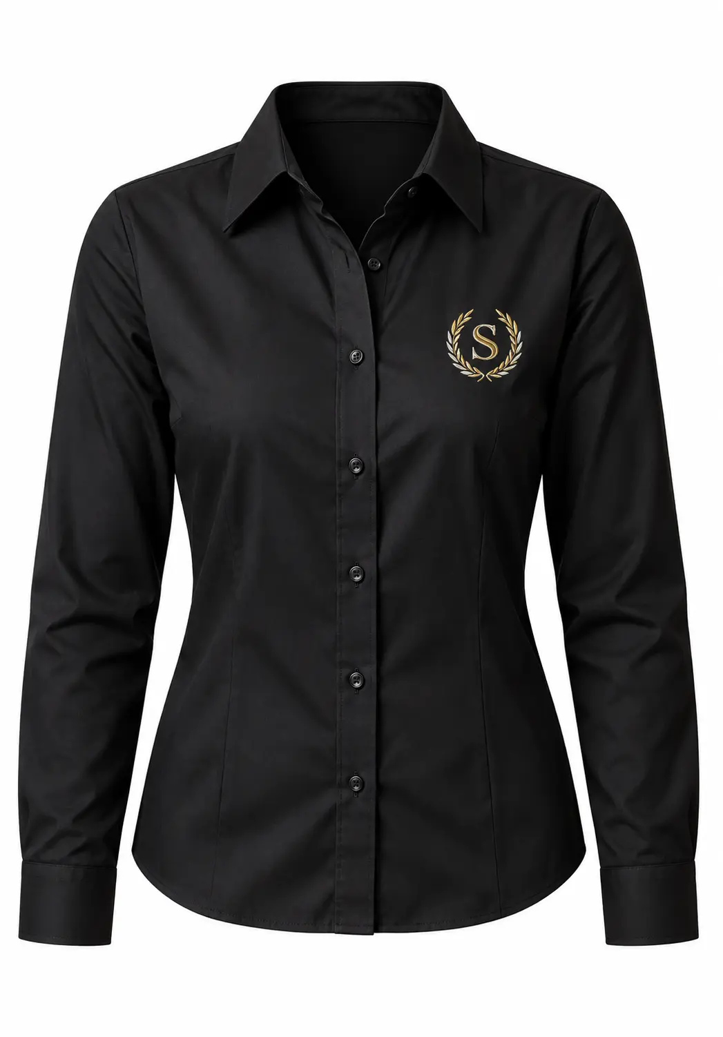 Black women's embroidered shirt with a gold logo on the chest, ideal for corporate uniforms and custom branding in India.