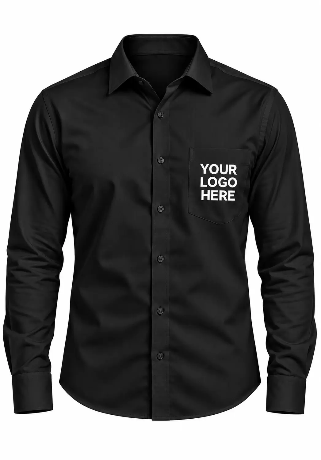 Black formal shirt for men with full sleeves and white custom embroidery on the chest pocket.