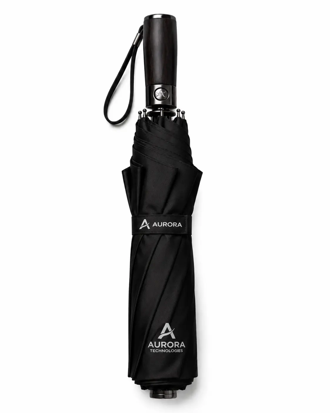 Black personalized folding umbrella with custom logo branding for corporate gifting