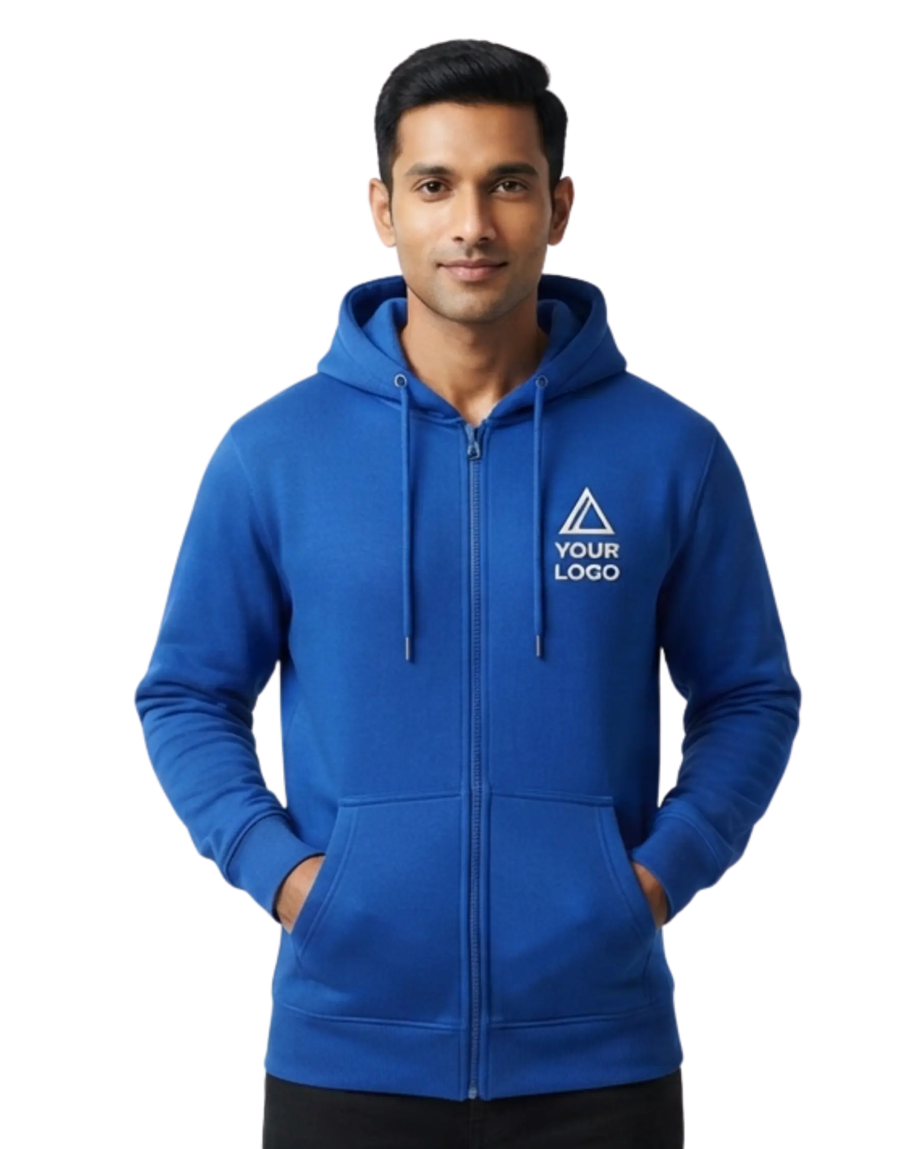 blue custom zipper hoodie for men front
