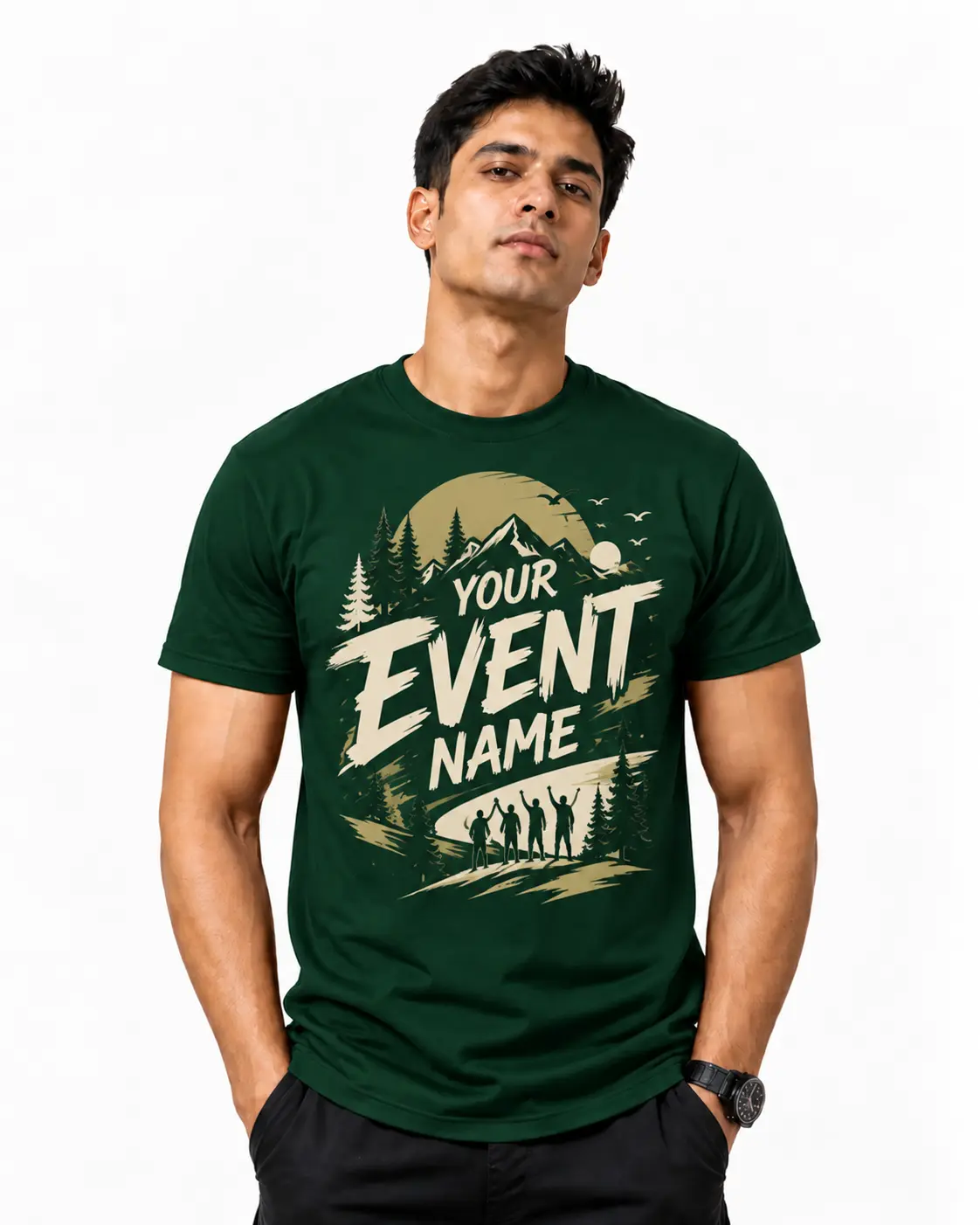 Bottle green event crew T-shirt with a cream outdoor-themed graphic and event name, suitable for festival teams and group events.