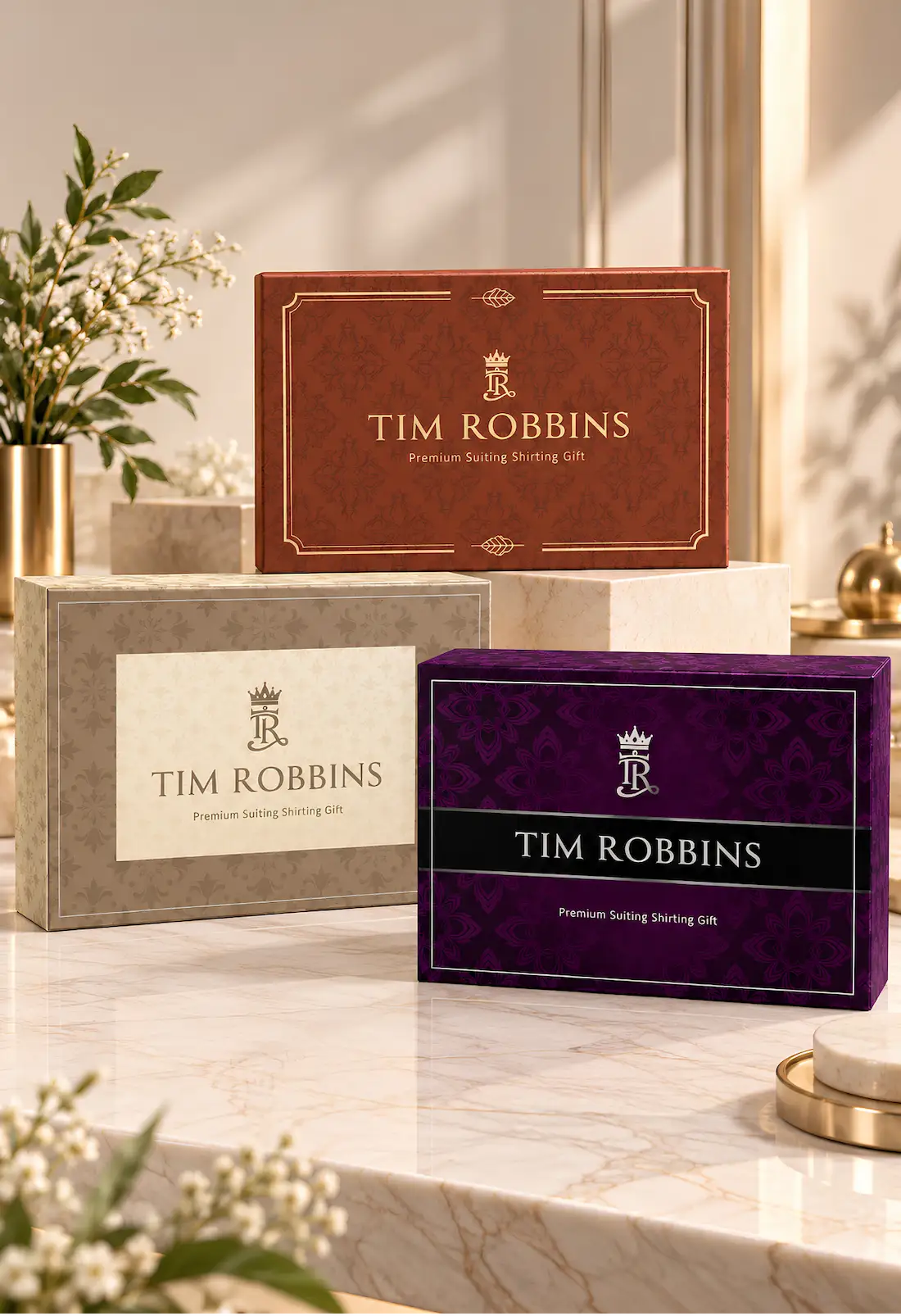 Branded suiting shirting fabric gift box for men by Tim Robbins in premium red, beige, and purple packaging