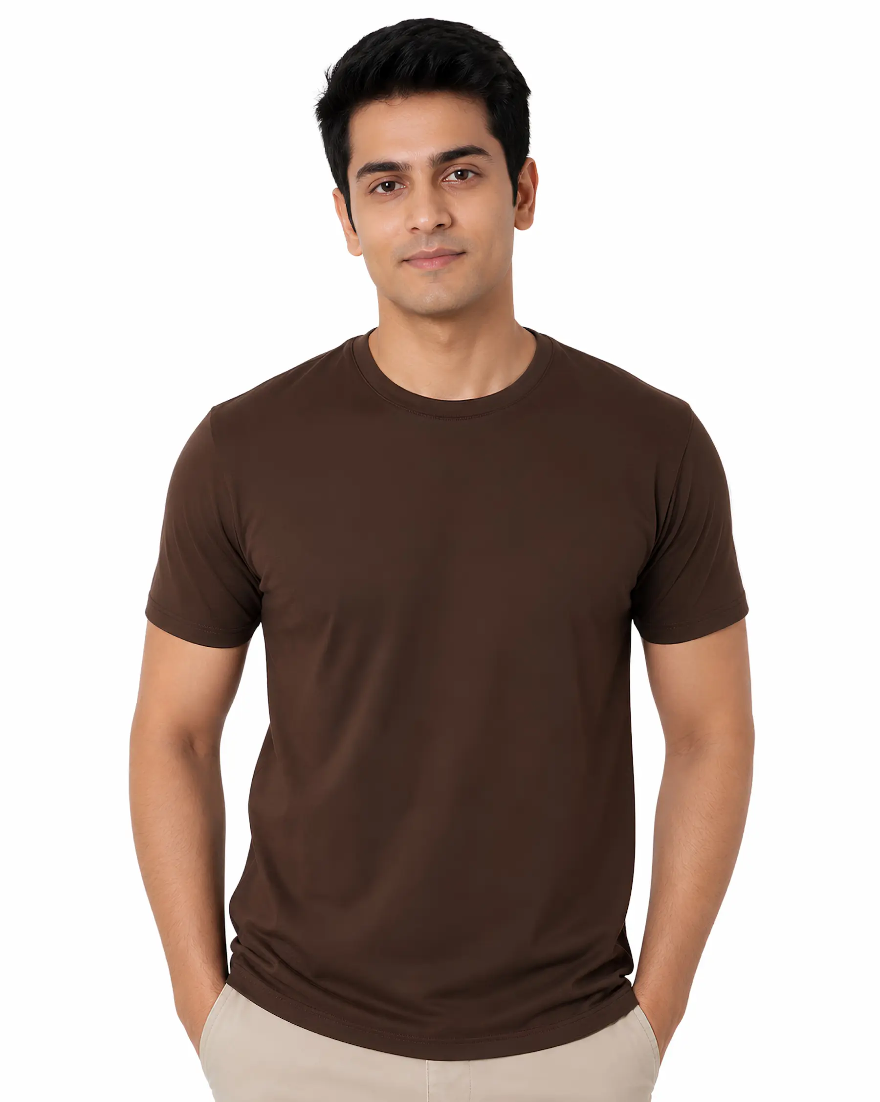 brown plain cotton round neck t shirt for men