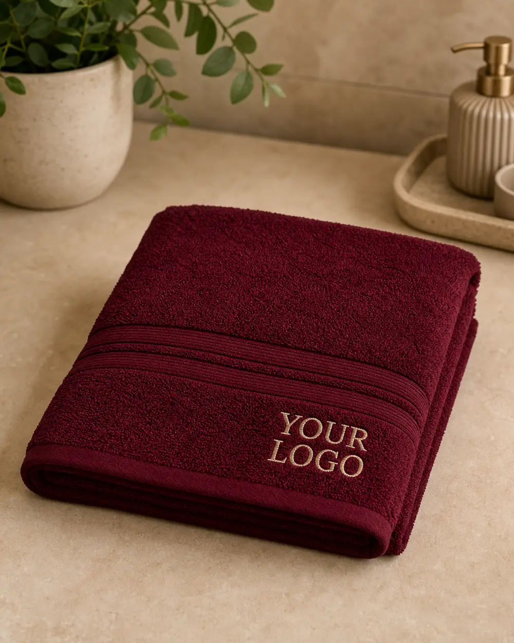 Burgundy custom embroidered towel with logo, suitable for premium gifts and personalized towel orders.