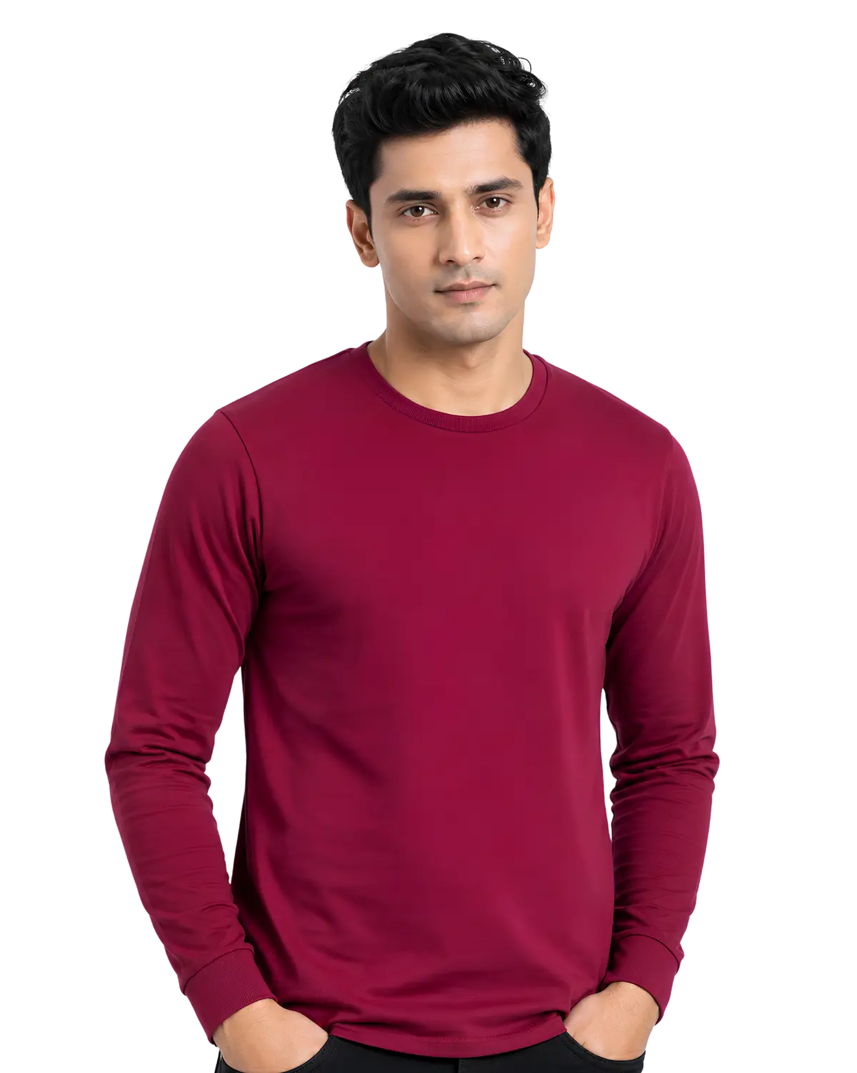 Burgundy round neck full sleeve t shirt for men for custom branding