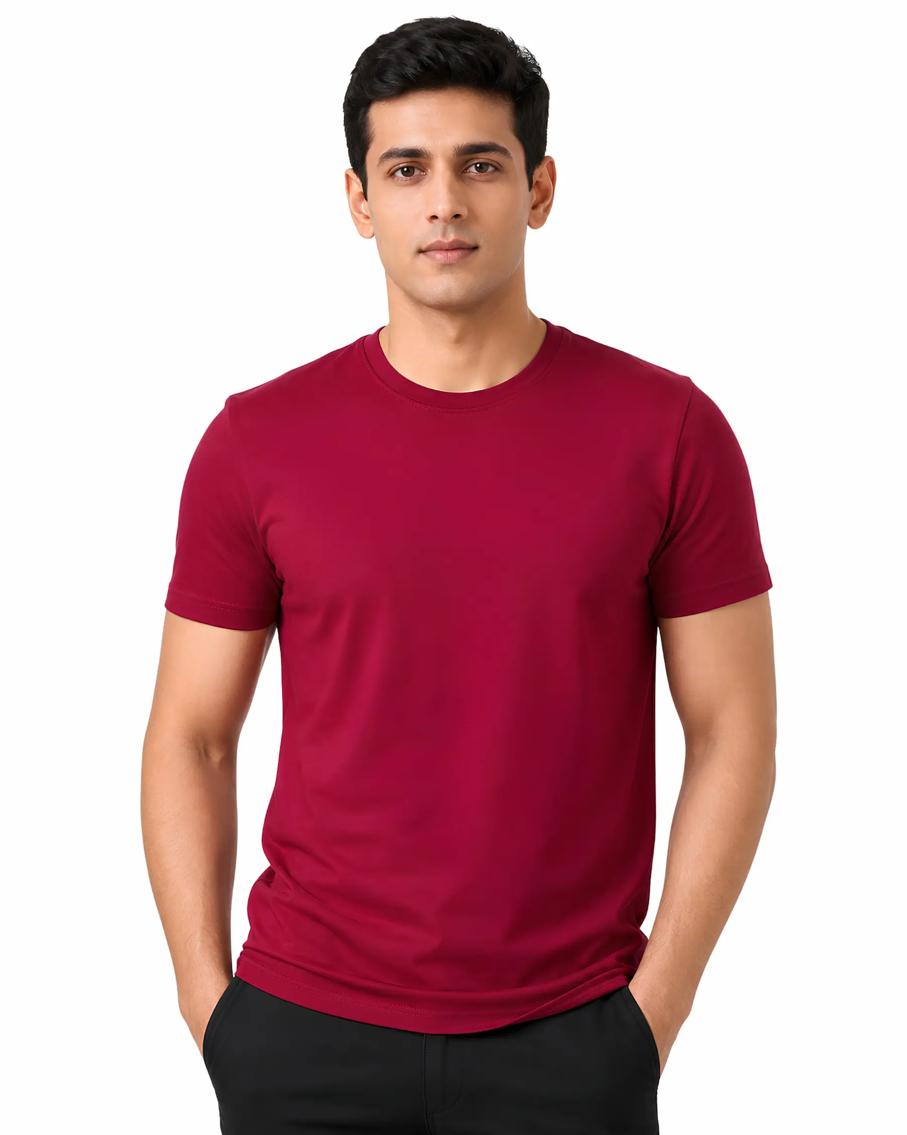 burgundy plain cotton round neck t shirt for men
