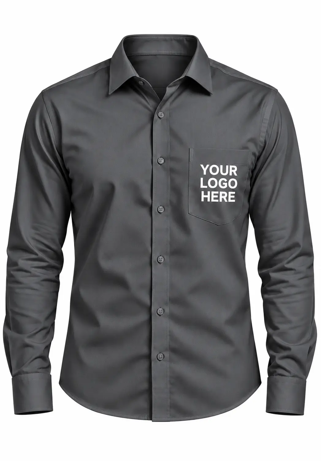 Charcoal grey formal shirt for men with full sleeves and custom embroidered branding on the pocket.