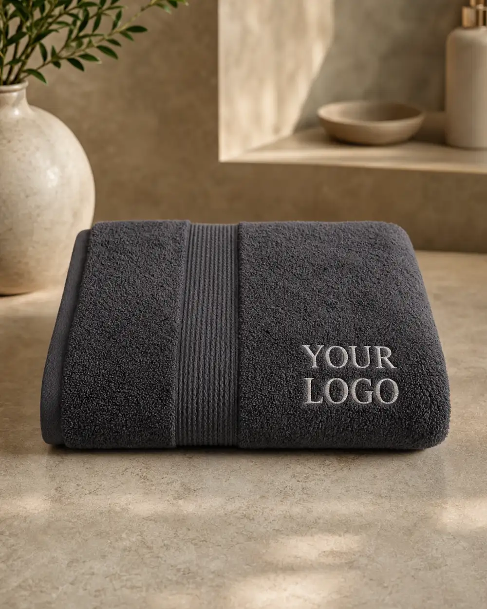 Charcoal grey promotional towel with embroidered logo, ideal for branded gifts and corporate merchandise.