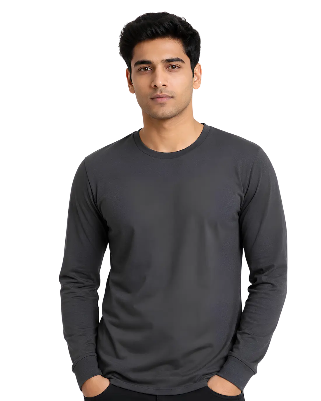 Charcoal grey round neck full sleeve t shirt for men for custom branding