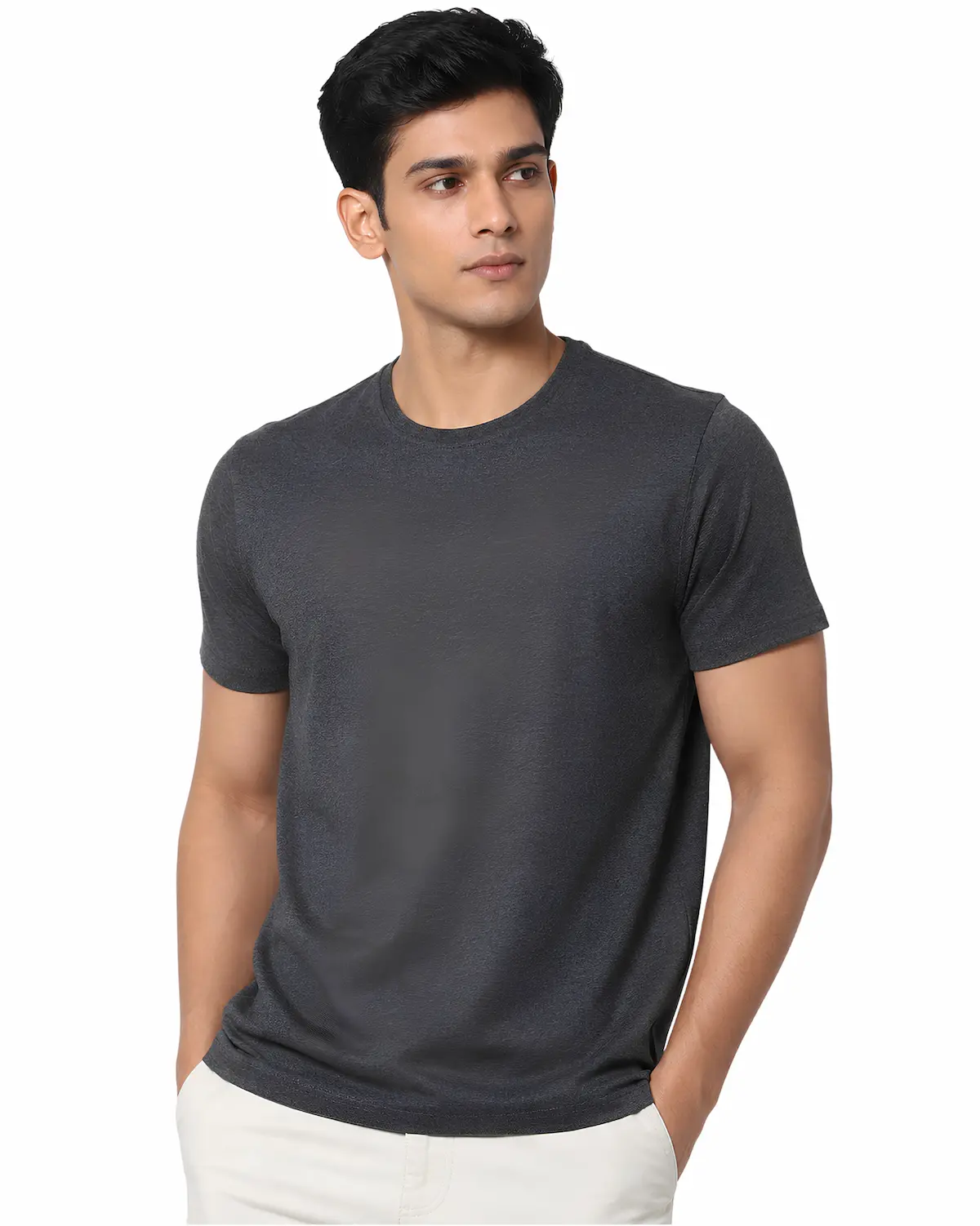 charcoal grey plain cotton round neck t shirt for men