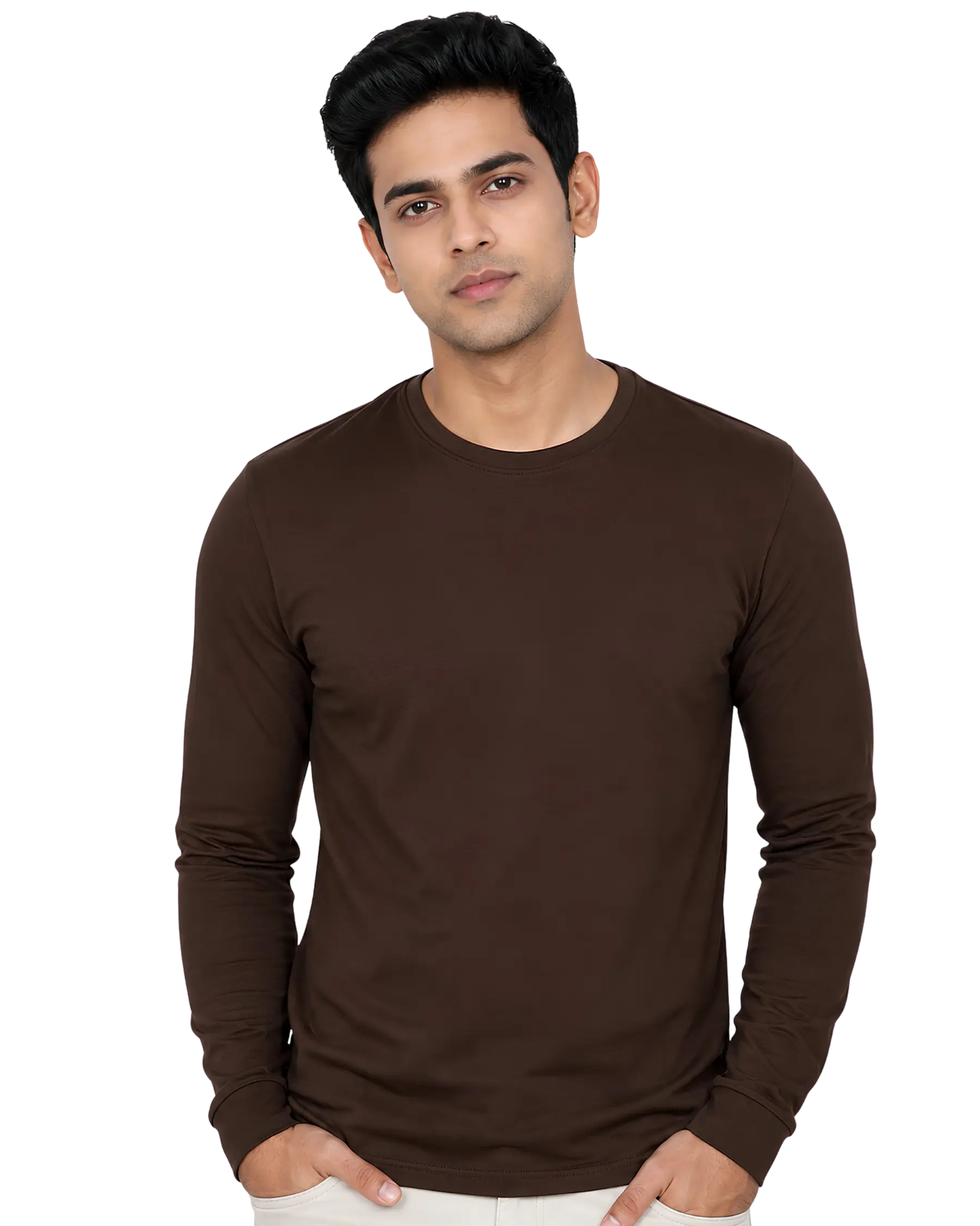 Chocolate brown round neck full sleeve t shirt for men for custom branding
