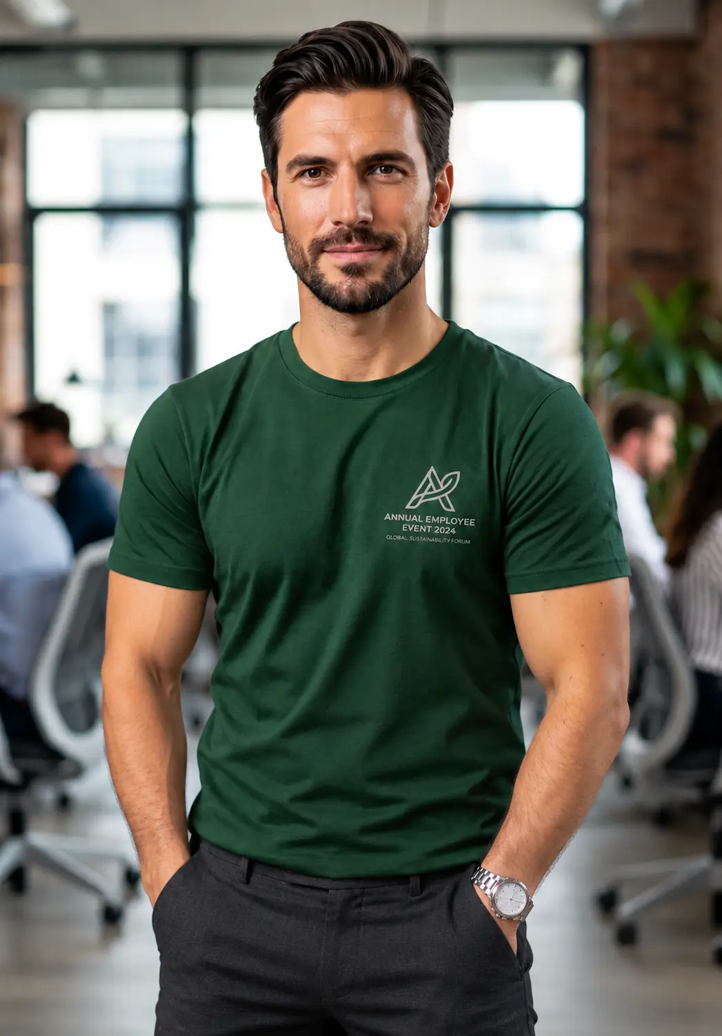 Green Corporate Event T Shirt with custom logo printing in bulk for employee onboarding, corporate promotions and team wears