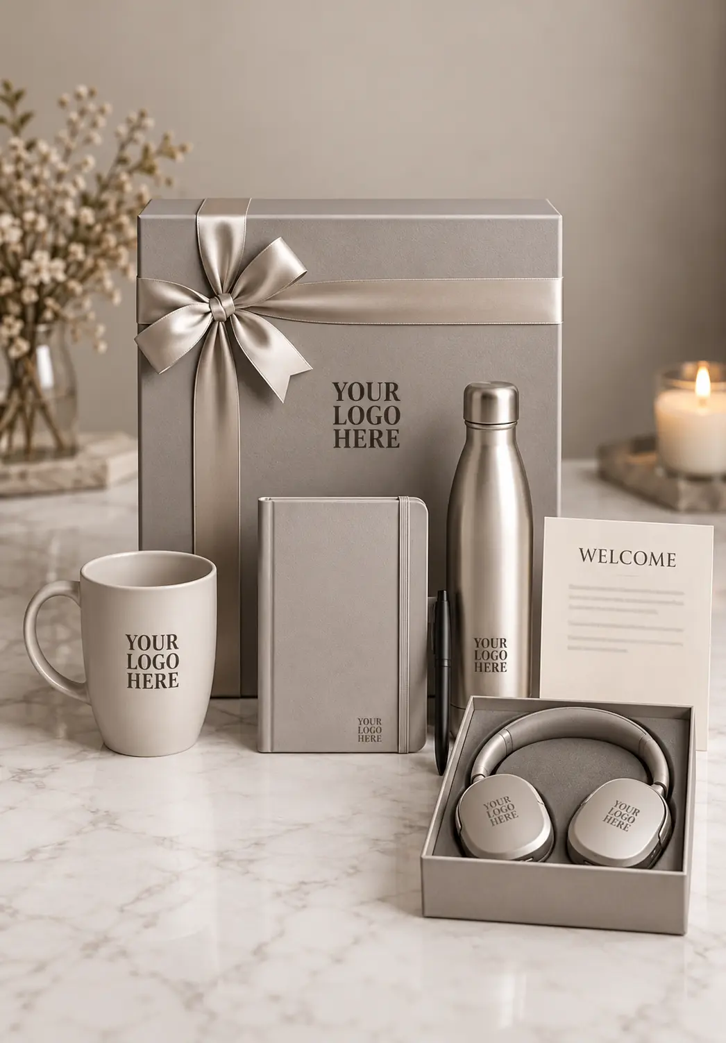 Corporate welcome kit for employees featuring a branded T-shirt, water bottle, mug, notebook, pen, and personalized welcome card in a premium black gift box.