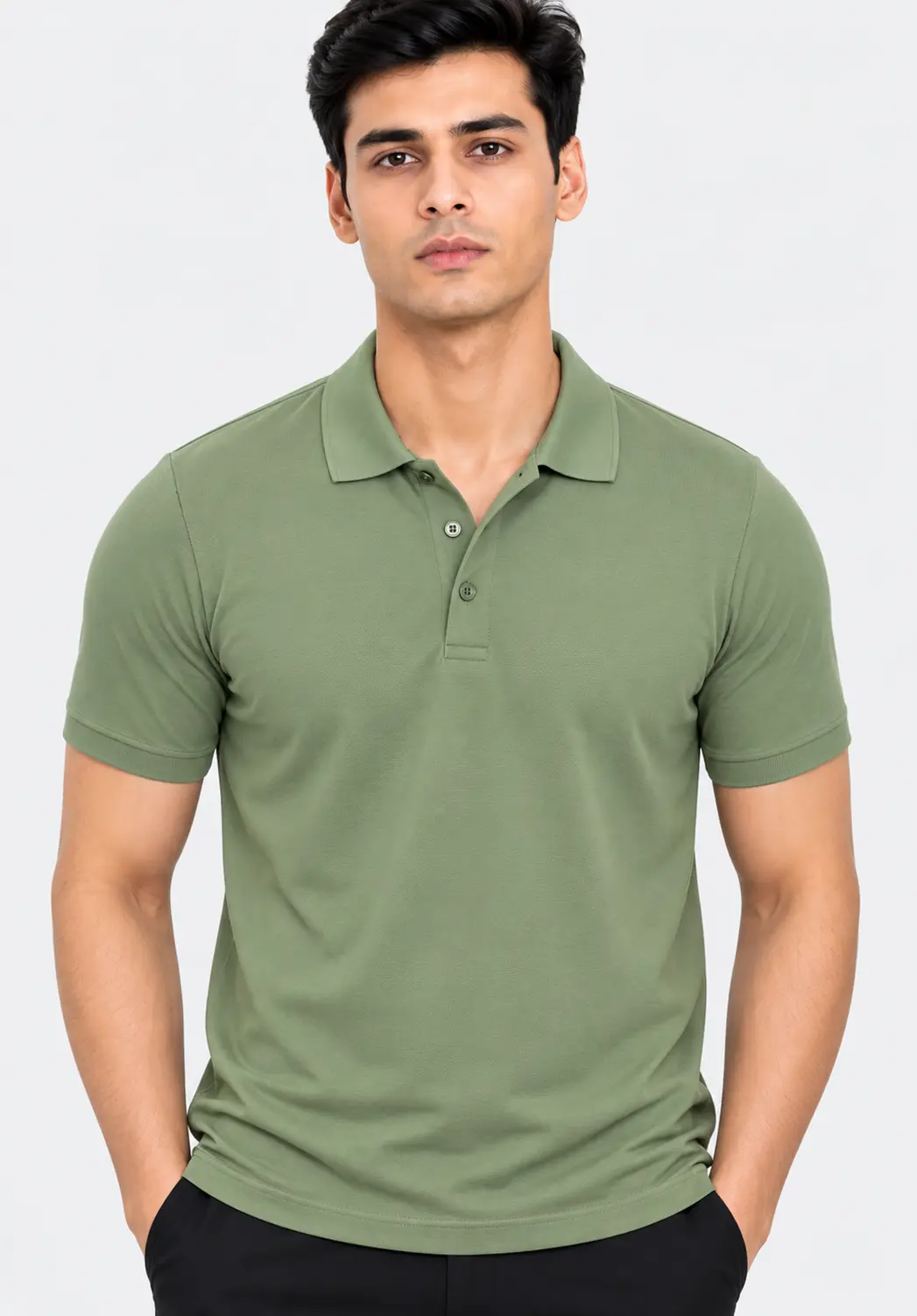 Sage green cotton polo shirt for men featuring a classic polo collar, short sleeves and a plain solid design.