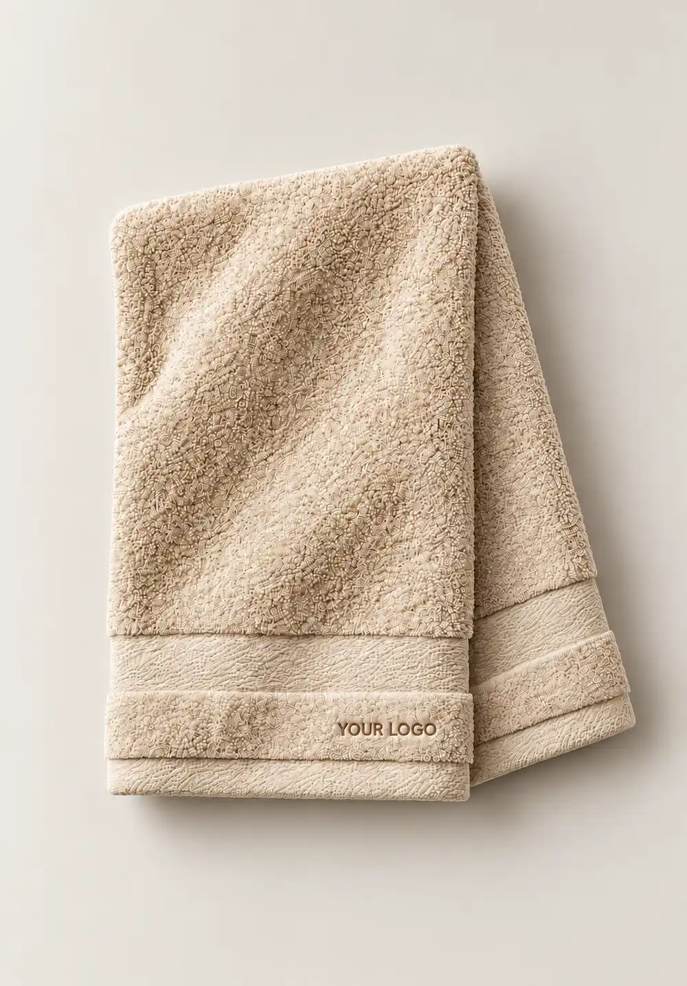 Cream beige textured hand towel with custom logo embroidery.