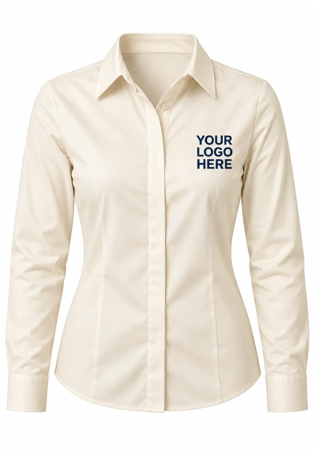 Cream women's embroidered shirt featuring a custom navy logo on the chest for professional uniforms and corporate gifting.