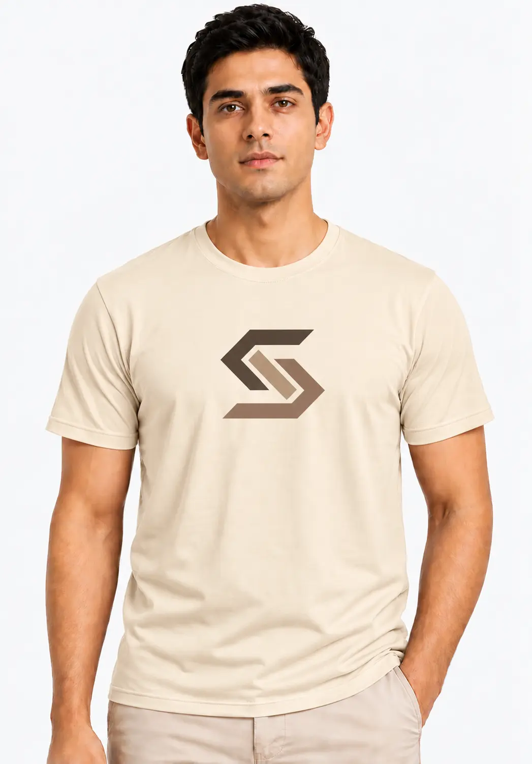 Cream custom logo T-shirt with a brown geometric chest emblem, short sleeves and a crew neckline for branded corporate apparel.