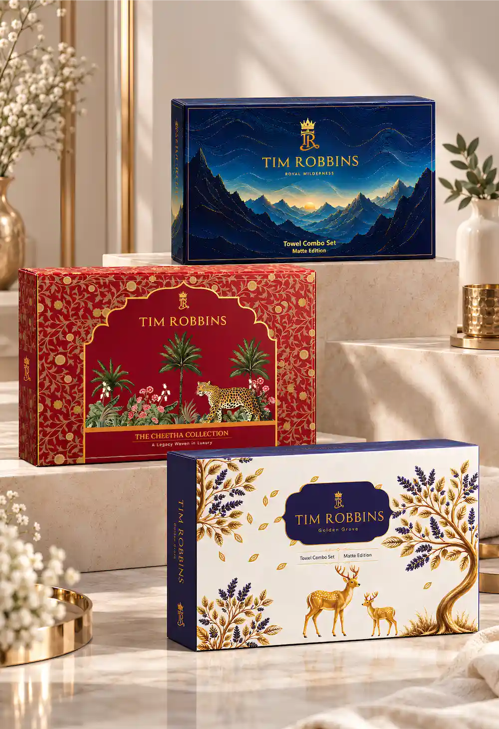Curated gift boxes featuring premium towel gift sets in decorative luxury packaging by Tim Robbins.