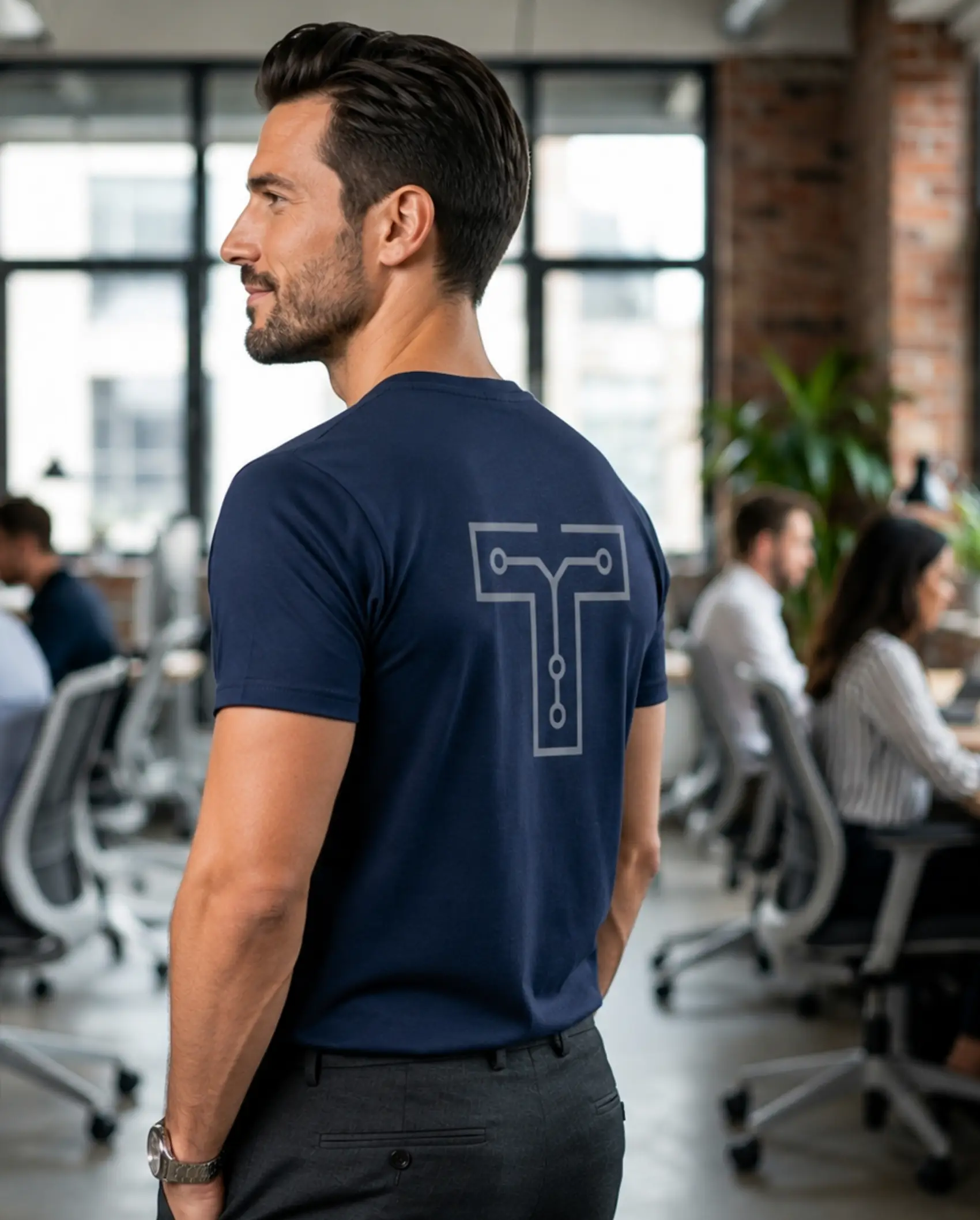 Side view of Custom Corporate T Shirts with premium back logo print for company branding and employee uniforms