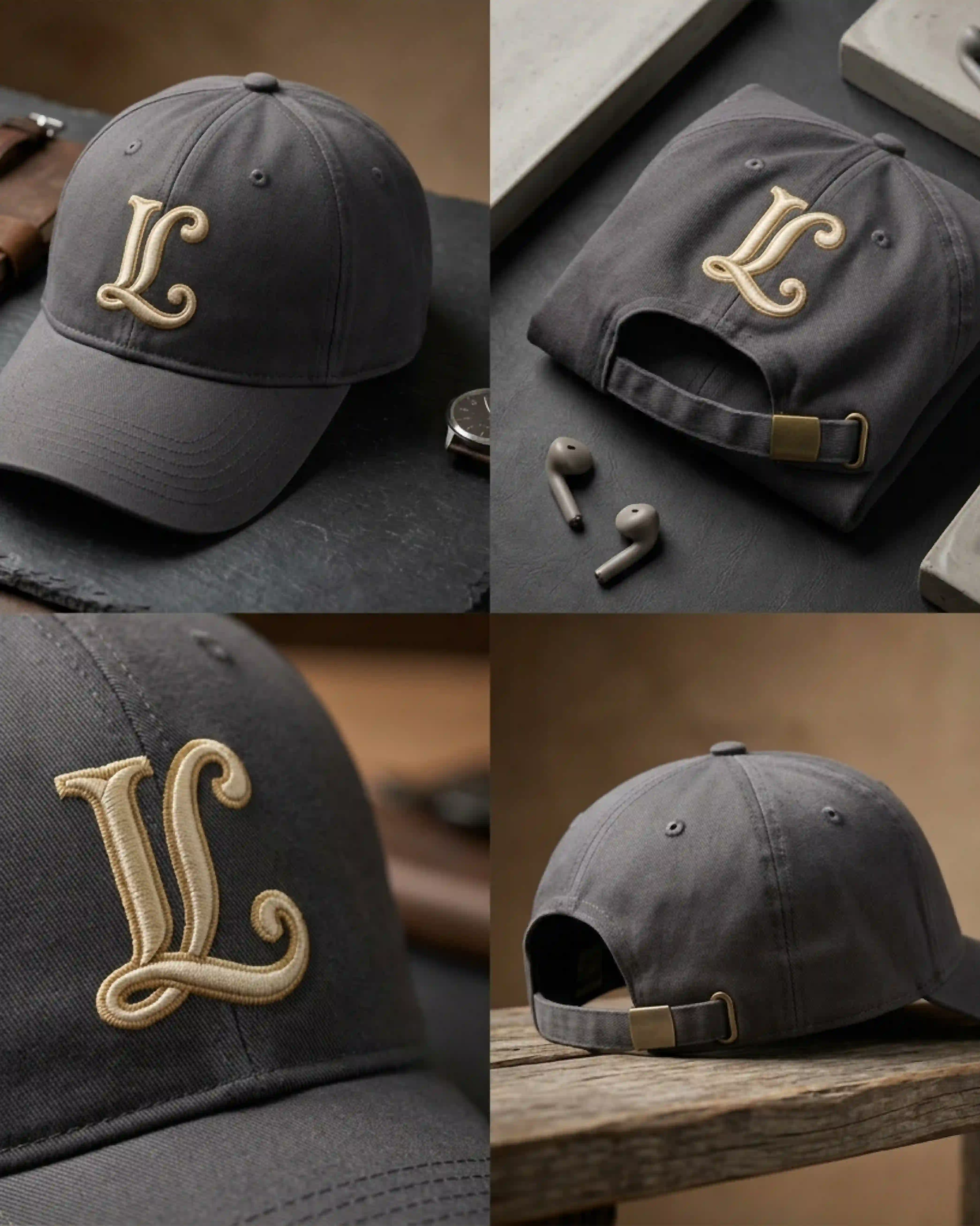 Premium custom embroidered caps with logo in grey color featuring front, back and embroidery close-up for corporate branding and promotional use.