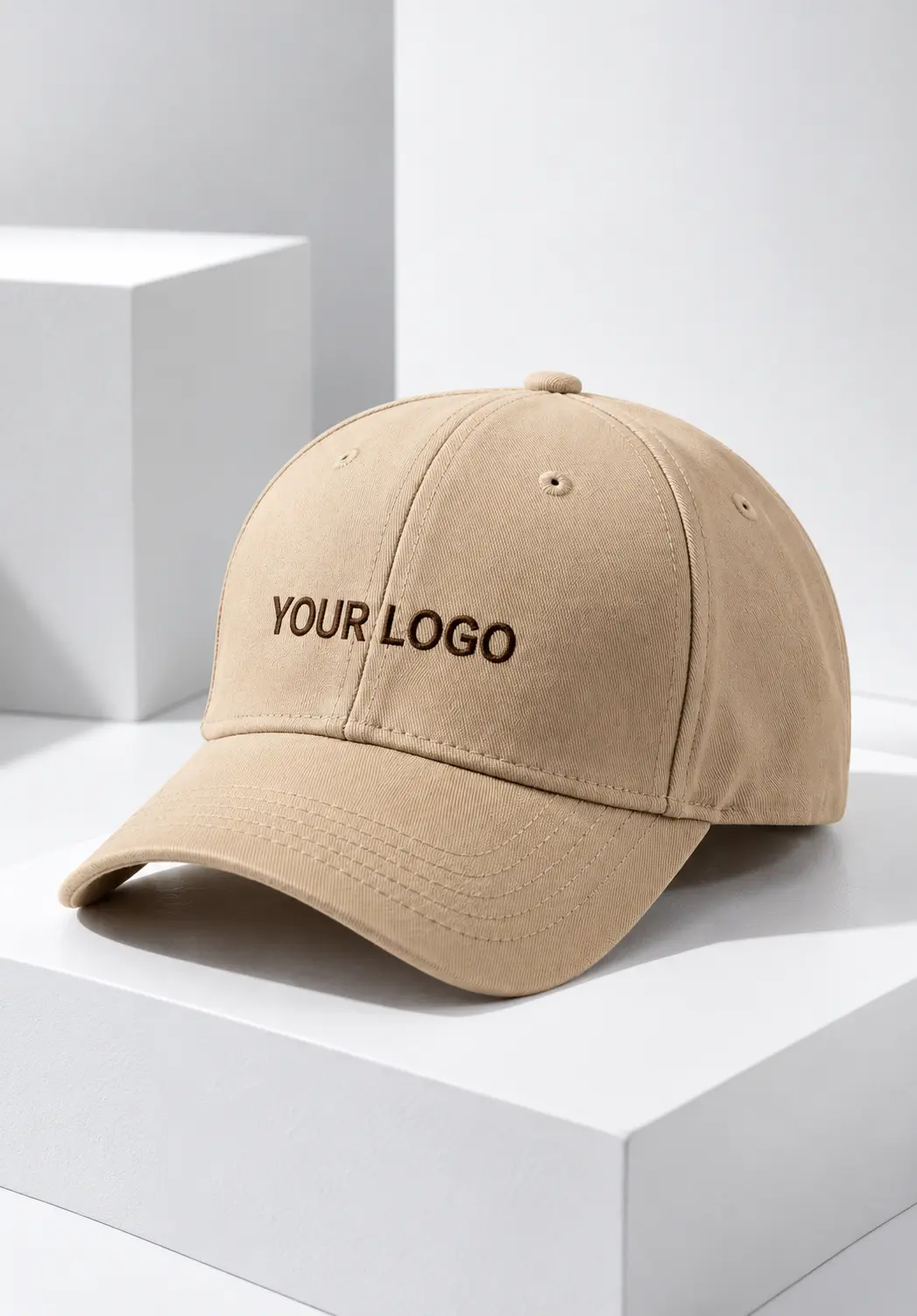 Custom name cap in beige with white custom logo on the front