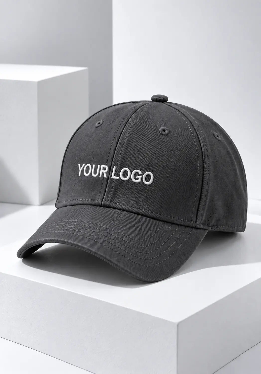 Custom name cap in charcoal grey with white custom logo on the front