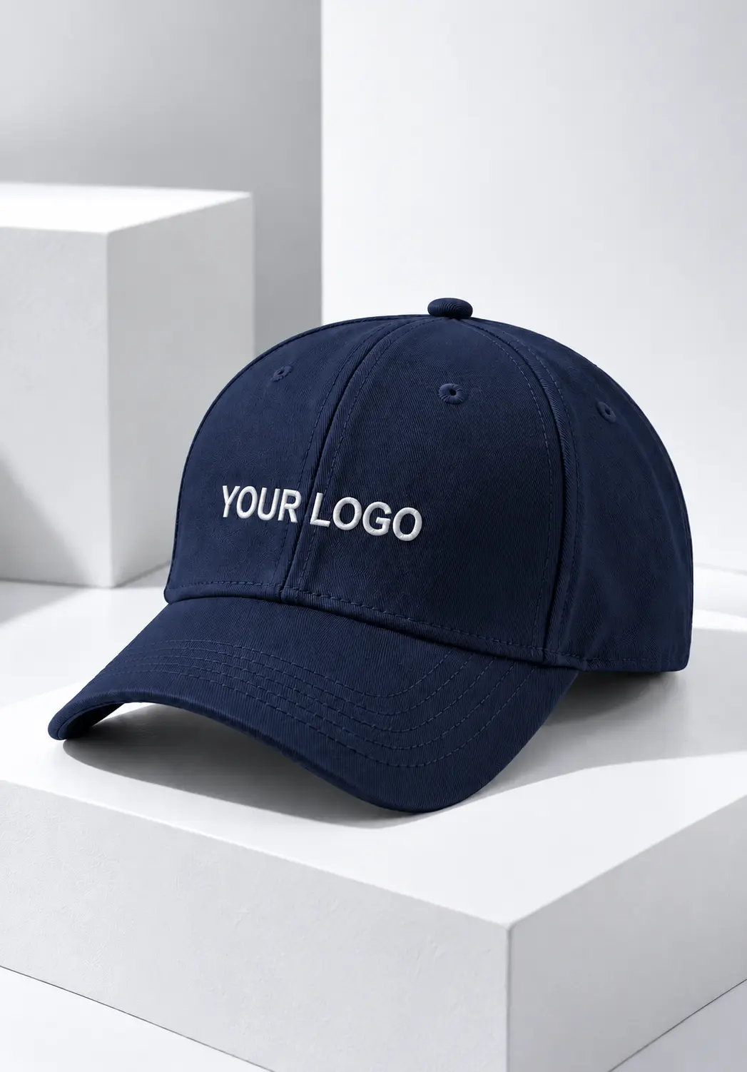 Custom name cap in navy blue with white custom logo on the front