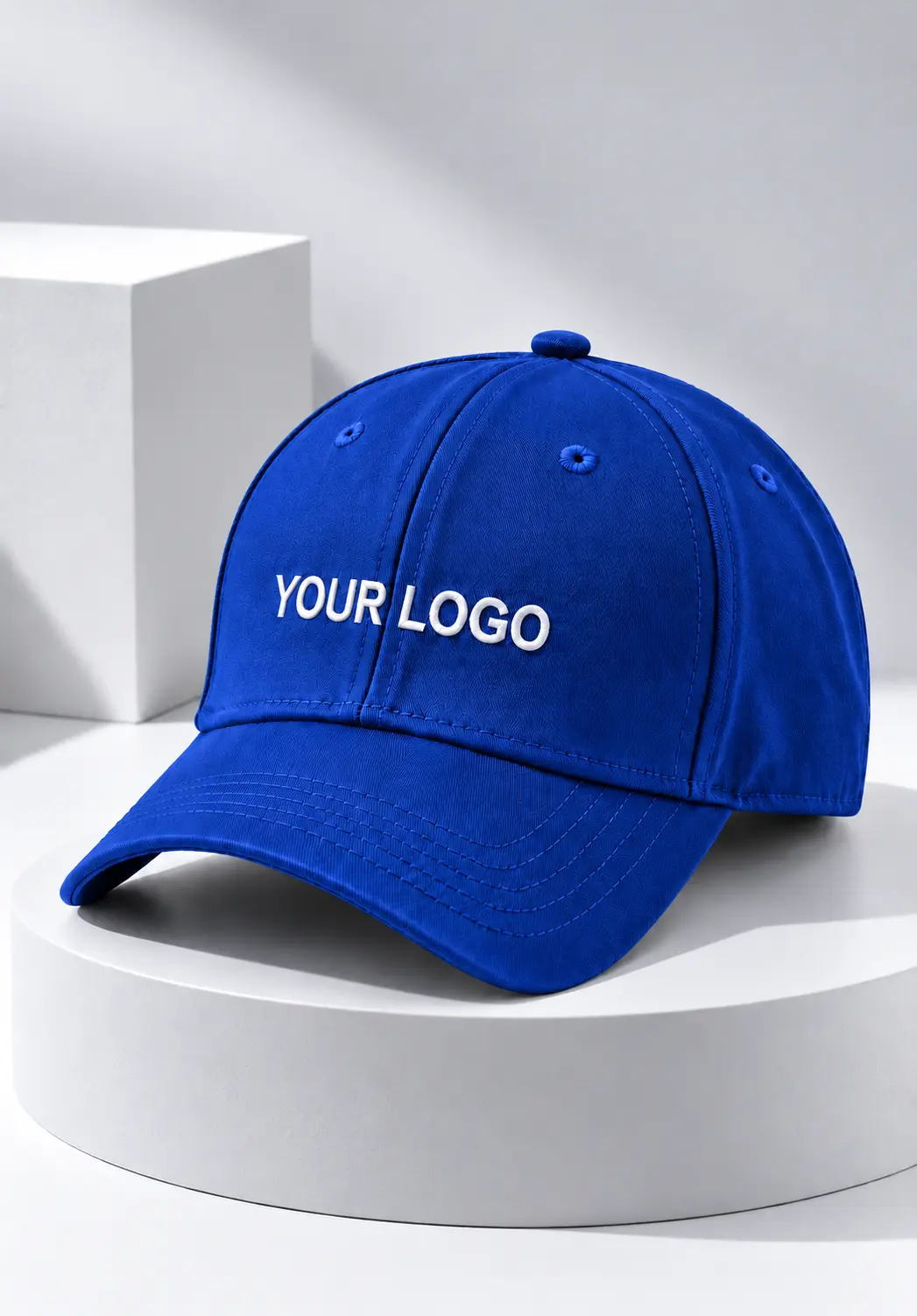 Custom name cap in royal blue with white custom logo on the front
