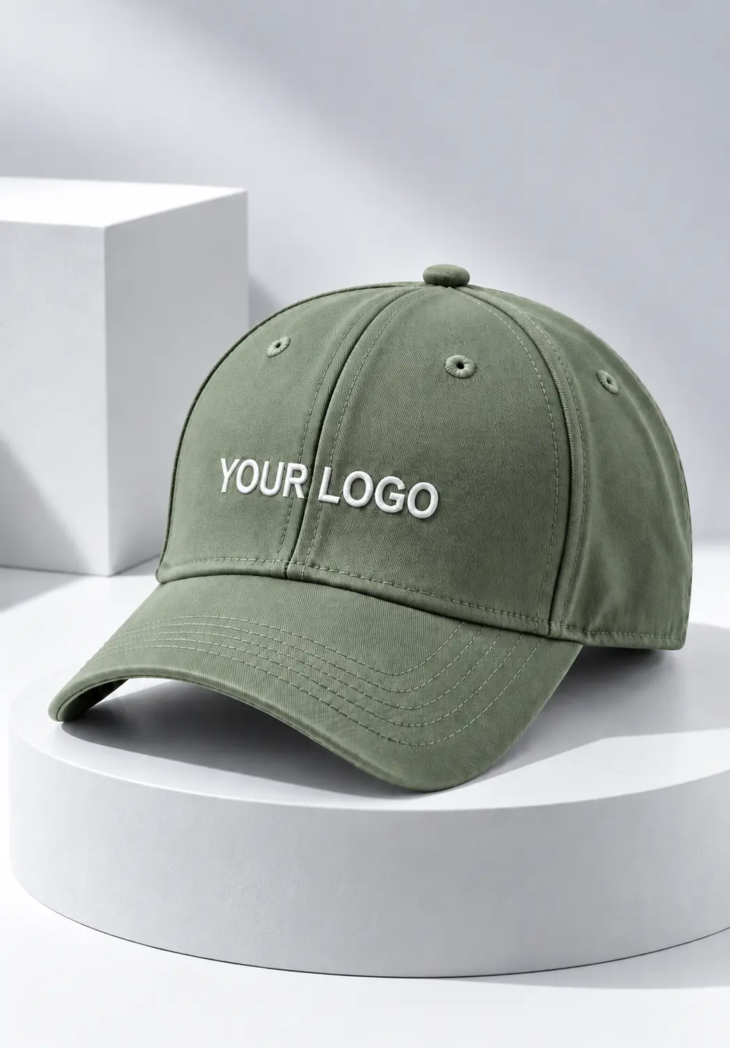 Custom name cap in sage green with white custom logo on the front