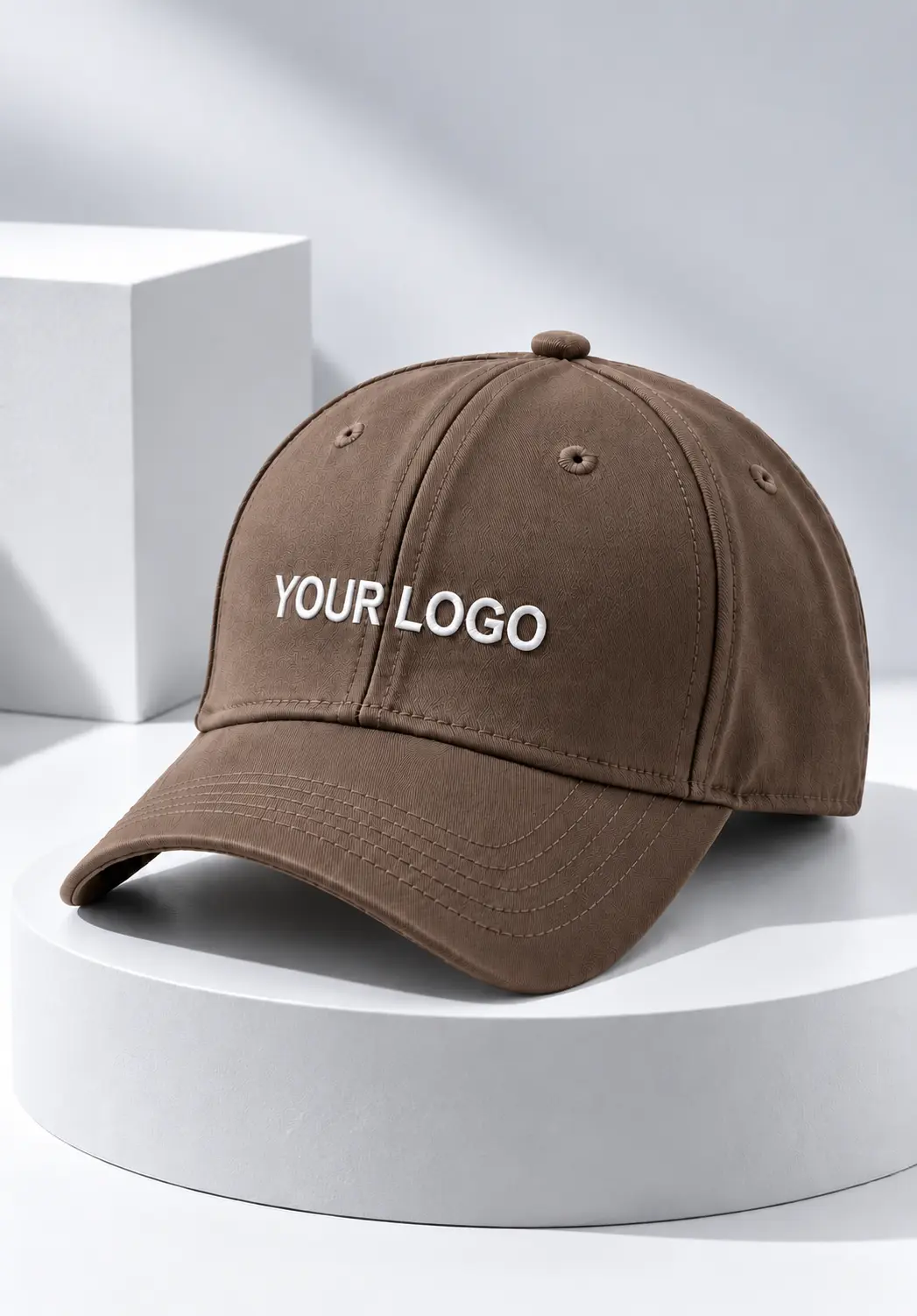 Custom name cap in taupe brown with white custom logo on the front