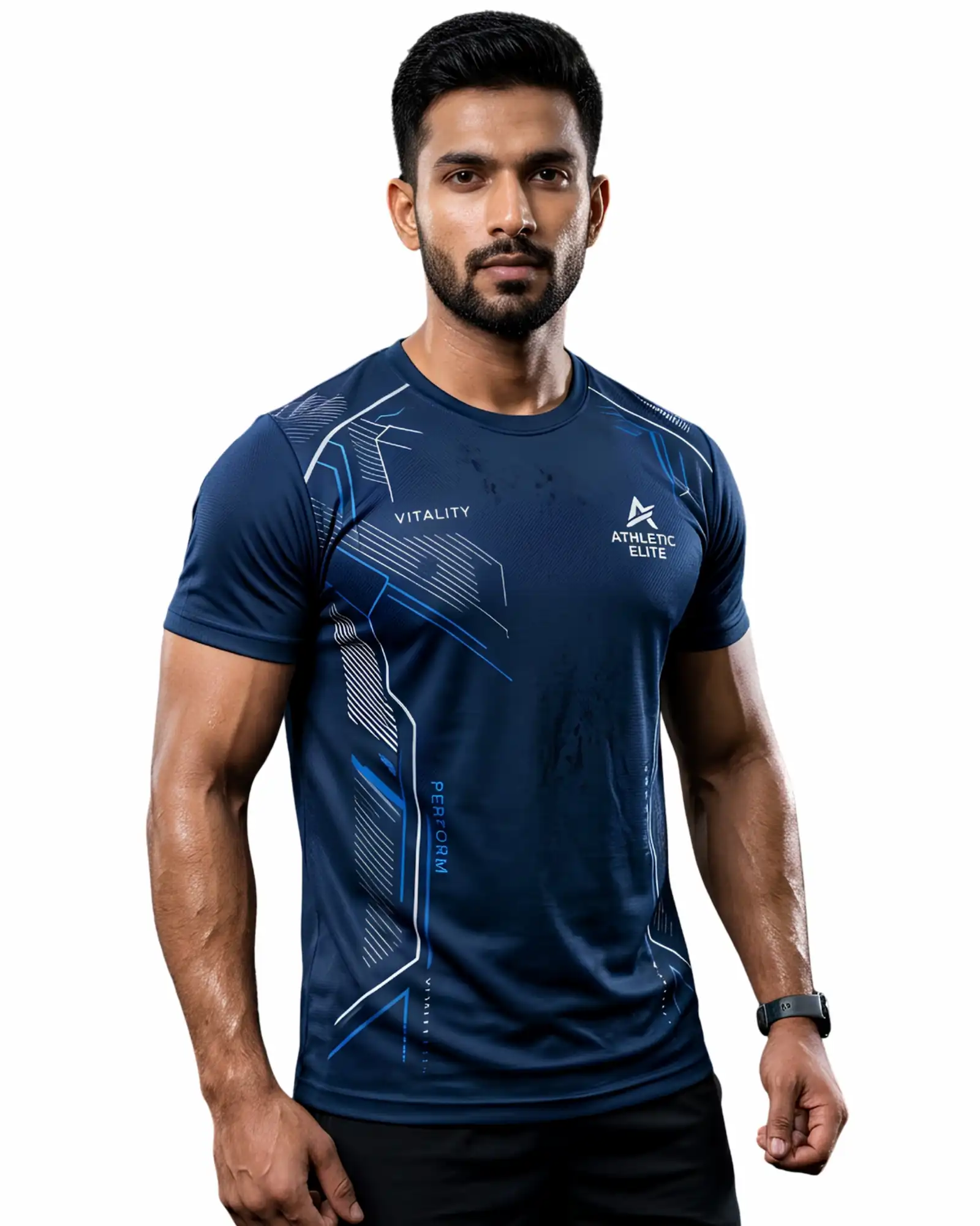 Custom Navy Blue Polyester Round Neck Sports T Shirt for Men with Sublimation Printing for Teams and Bulk Orders