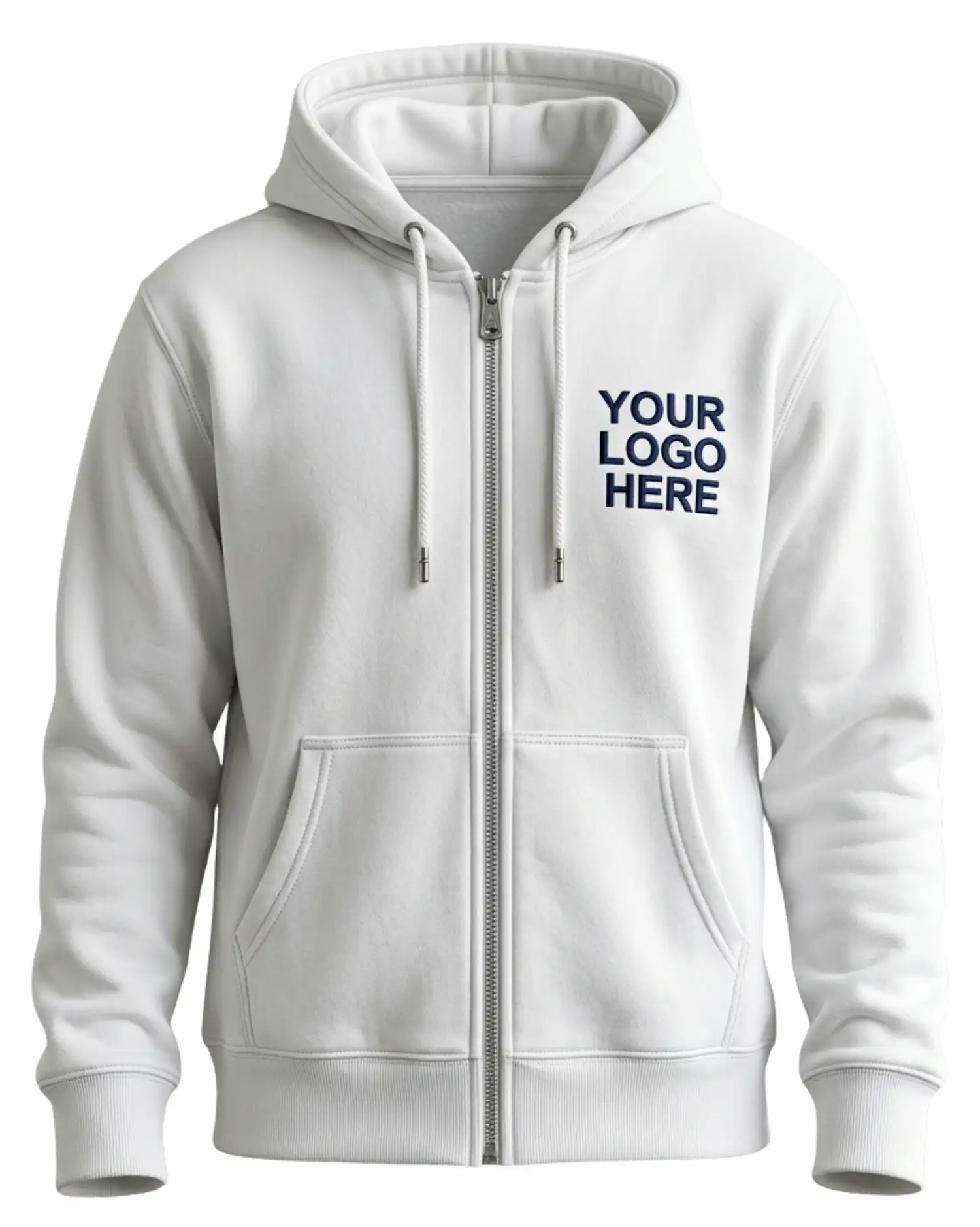 Custom printed zipper hoodie in white with full zipper and hood