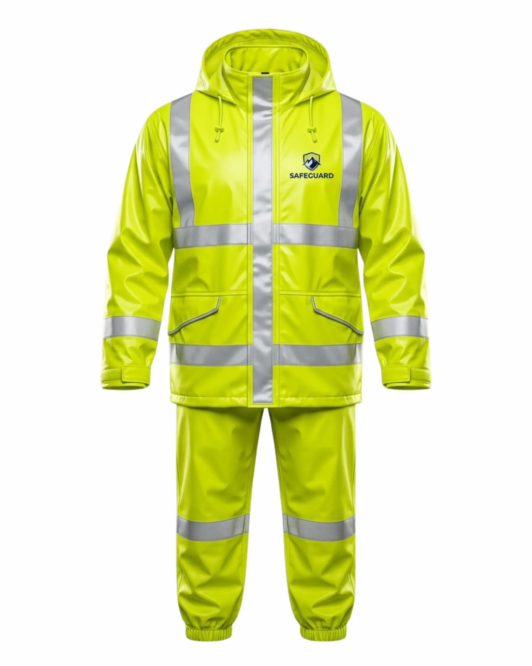 High visibility reflective rain suit in yellow with reflective jacket and trousers
