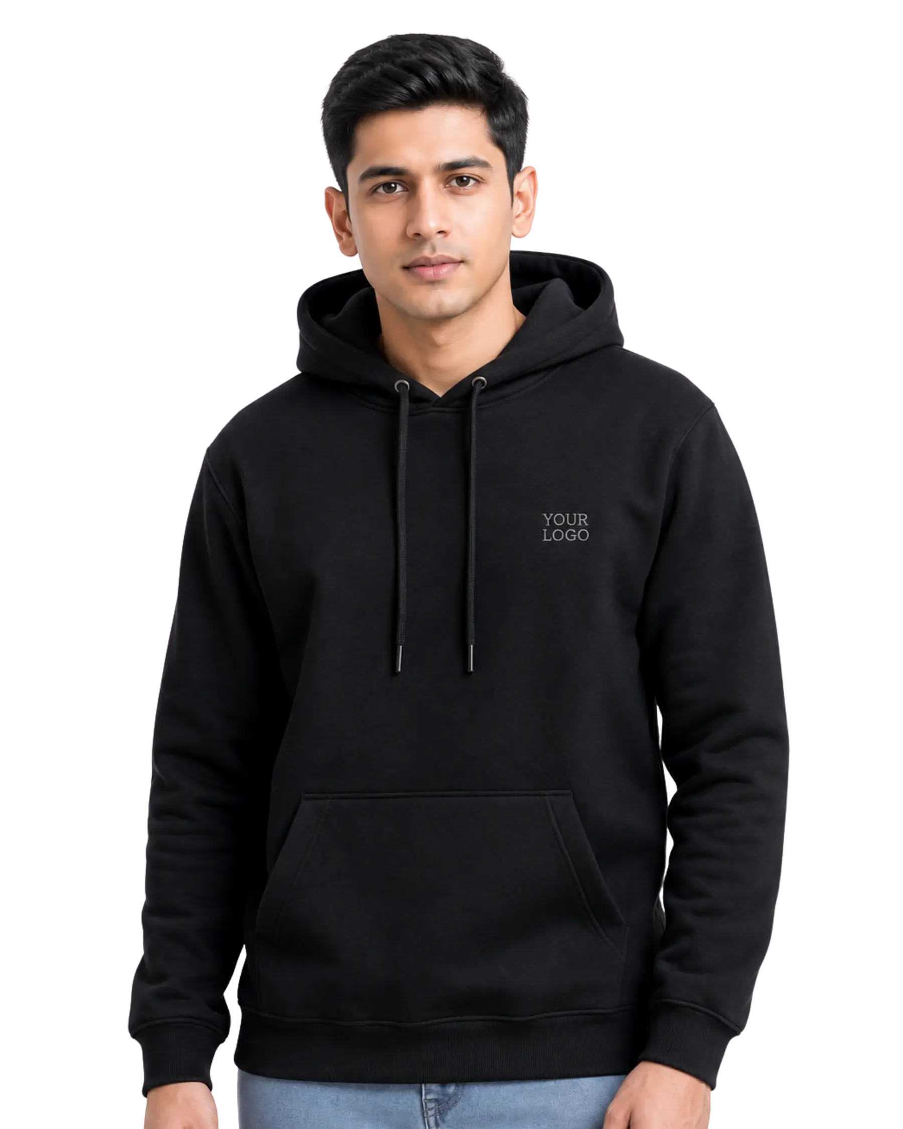 Black customised hoodie for men with embroidered logo on front.
