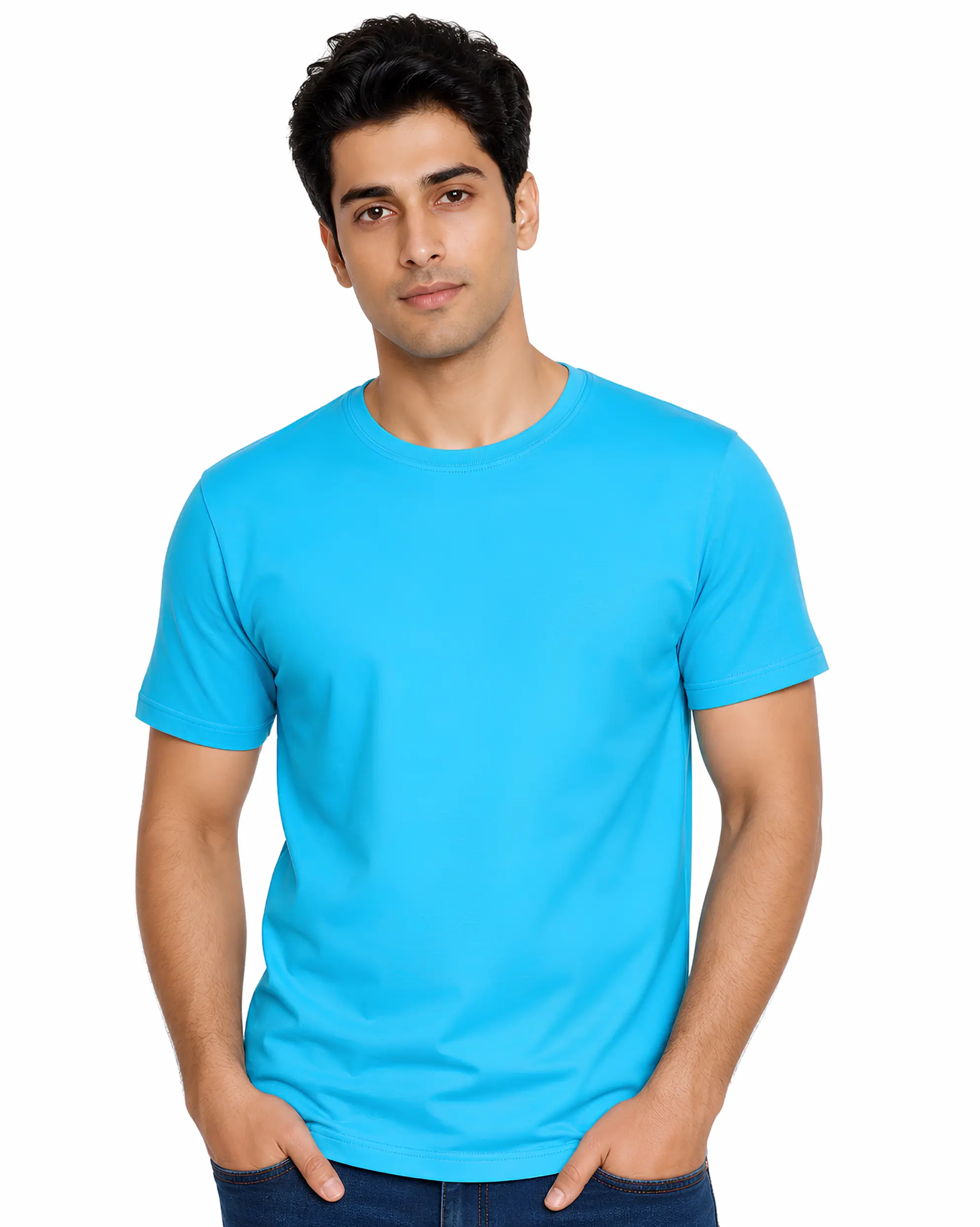 cyan blue plain cotton round neck t shirt for men