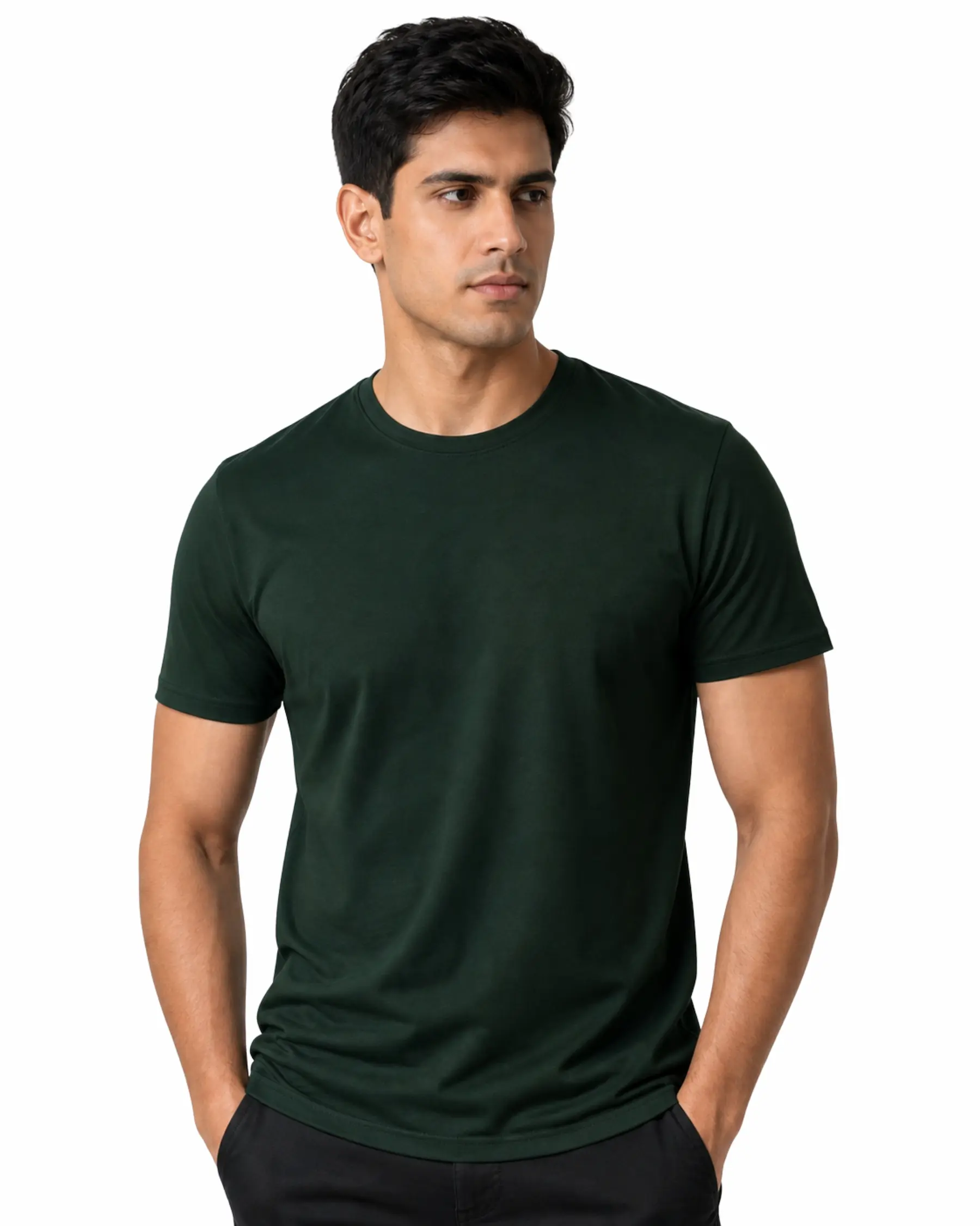 dark green plain cotton round neck t shirt for men