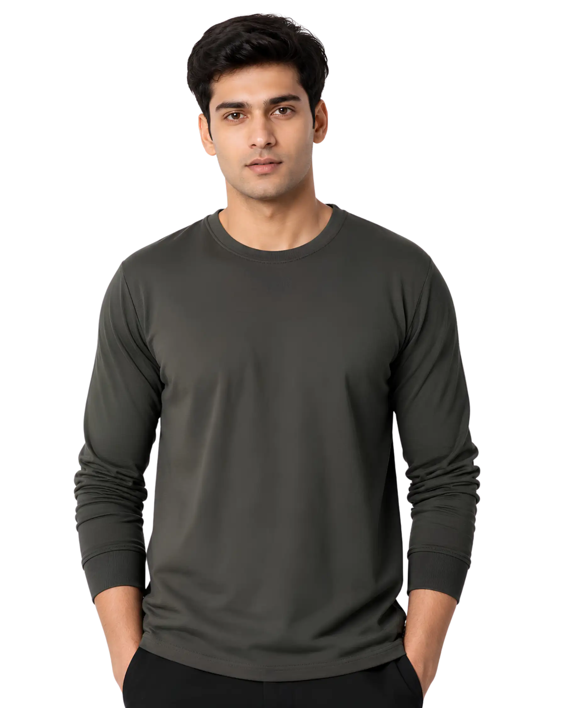 Dark grey round neck full sleeve t shirt for men for custom branding