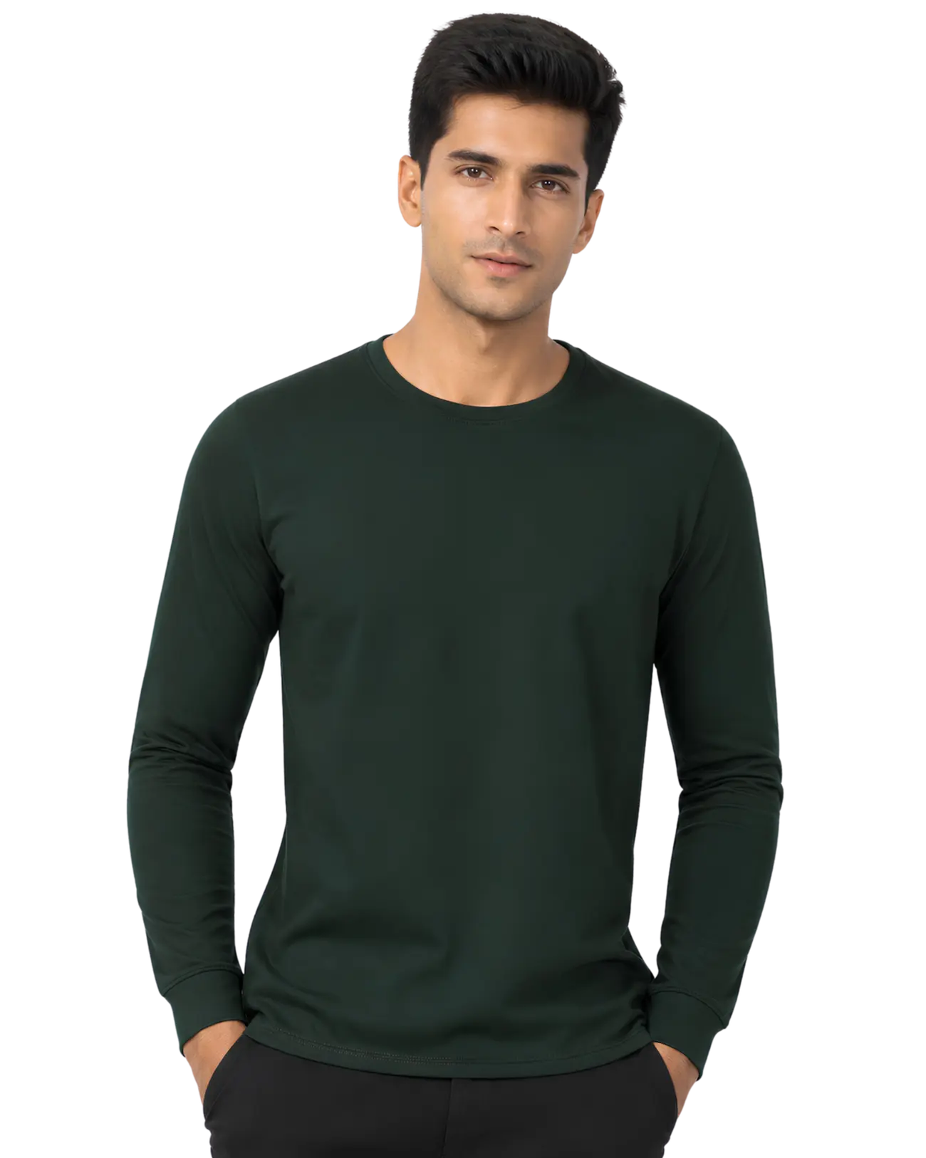 Deep green round neck full sleeve t shirt for men for custom branding
