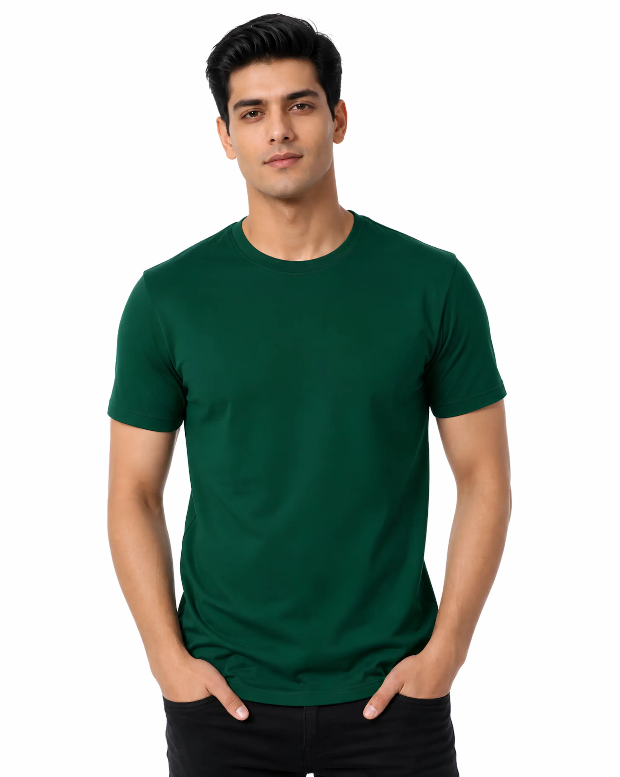 deep green plain cotton round neck t shirt for men